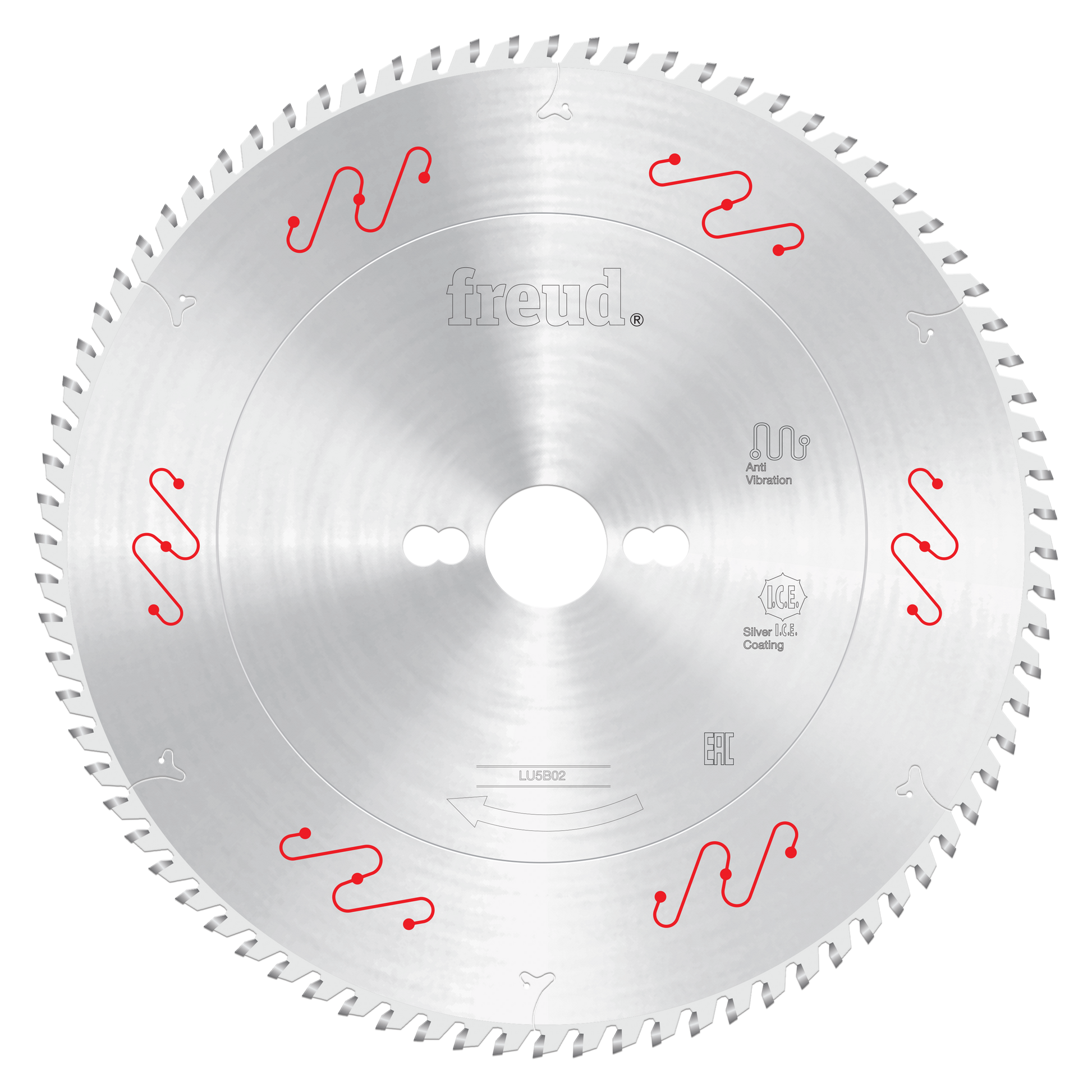 Freud 250mm circular saw blade with silver coating and red wavy tooth markings for aluminum cutting.