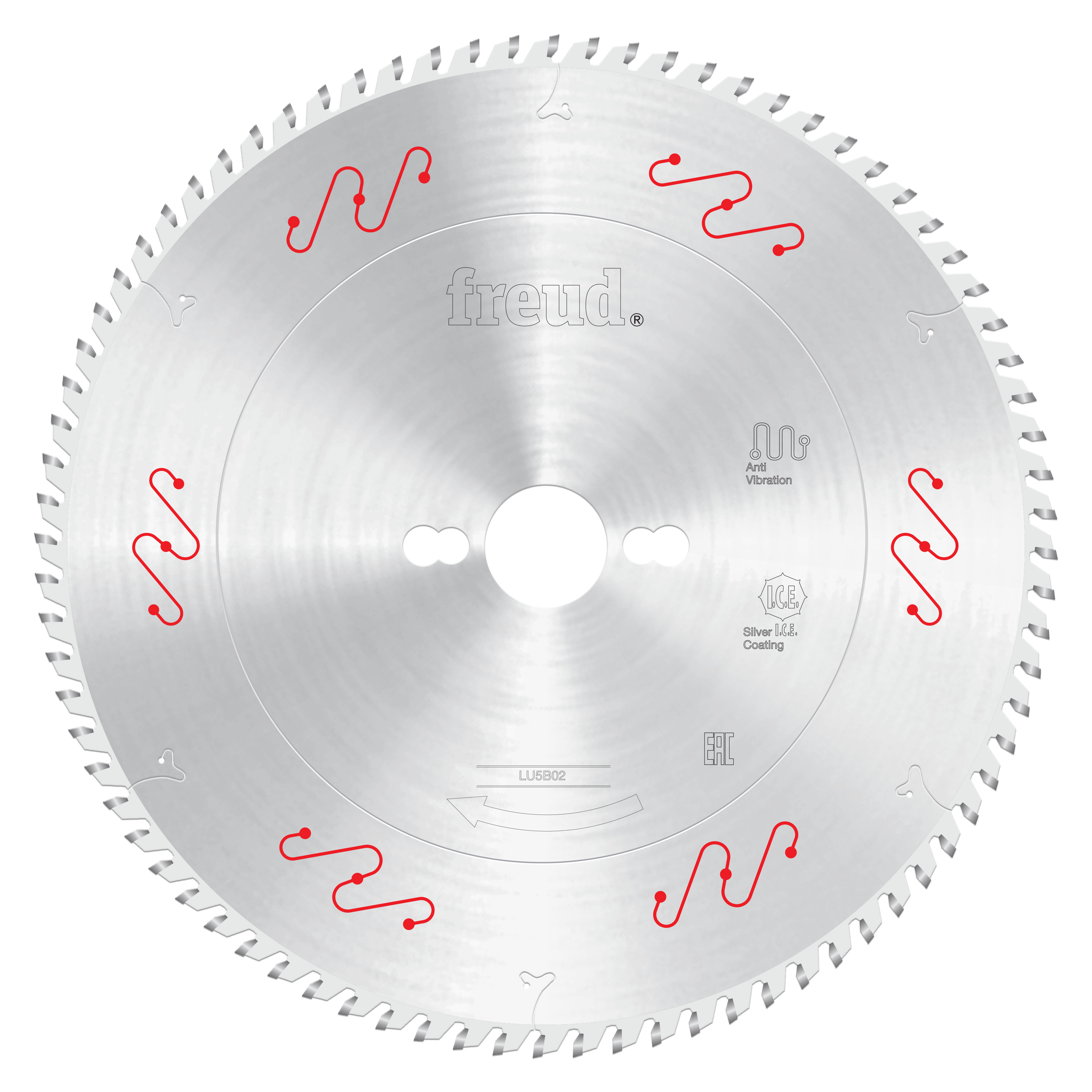 Freud 250mm circular saw blade with silver coating and red wavy tooth markings for aluminum cutting.