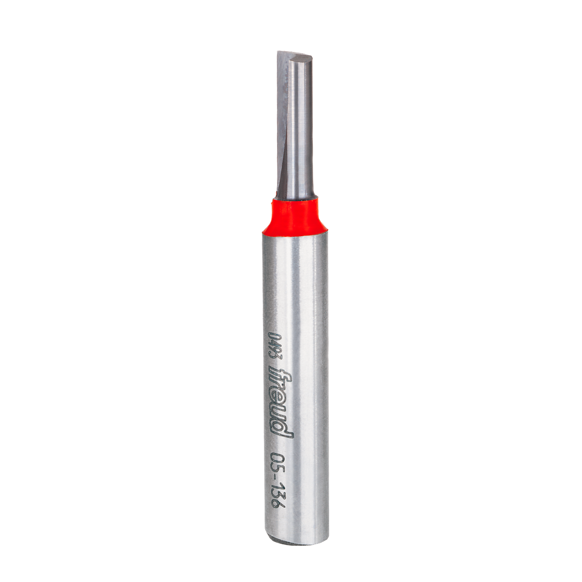 Freud straight router bit with 1/4" diameter flute, 3/8" shank, and red grip collar on cylindrical metal body.