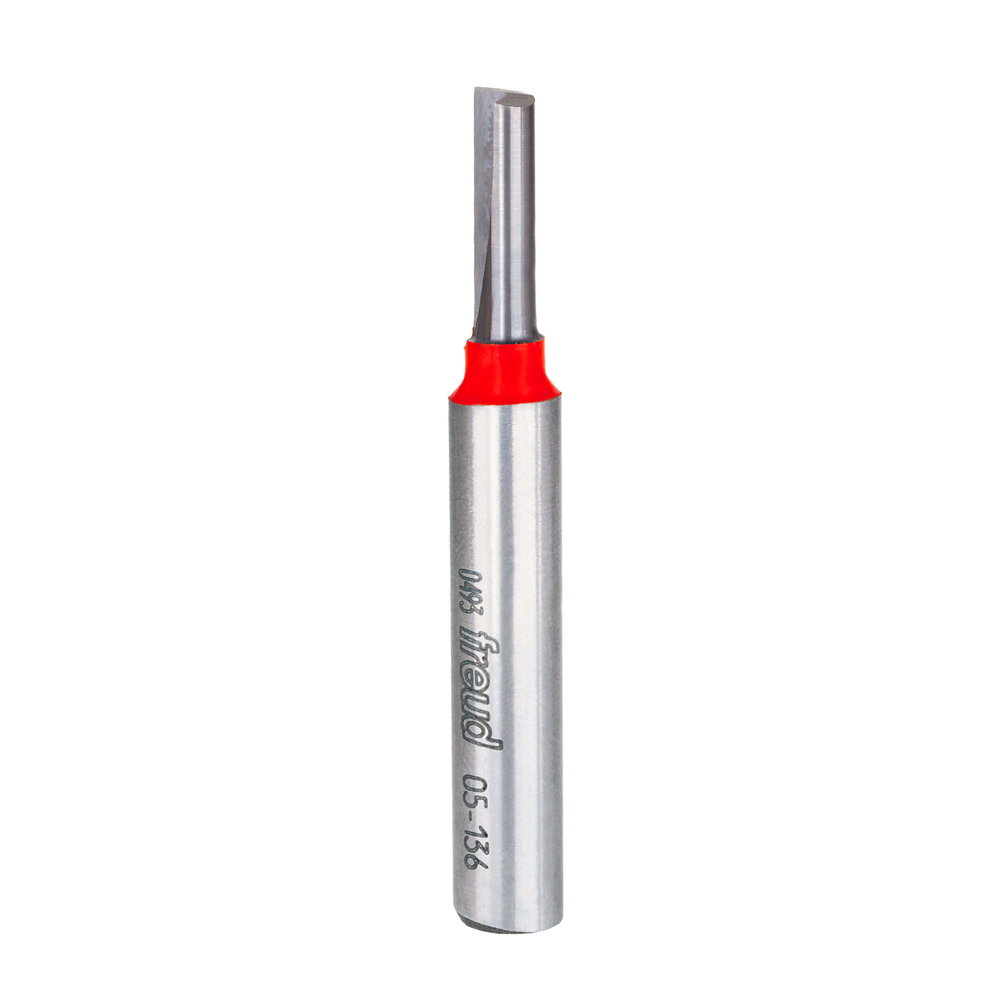 Freud straight router bit with 1/4" diameter flute, 3/8" shank, and red grip collar on cylindrical metal body.