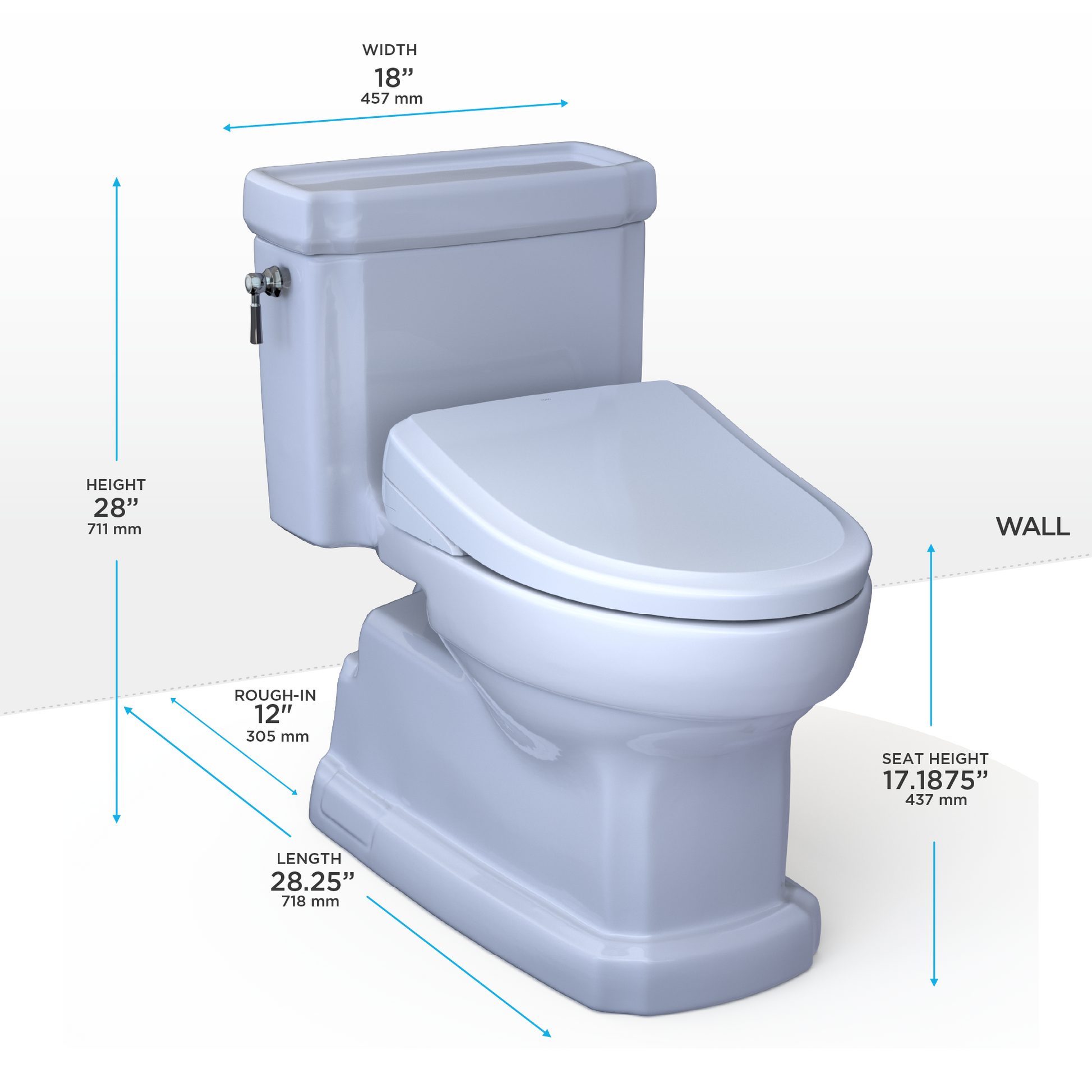 White one-piece elongated toilet with integrated bidet seat, showing 28" height, 28.25" length, 18" width, and 17.1875" seat 