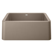 Truffle-colored single bowl farmhouse sink with apron front and rounded corners.