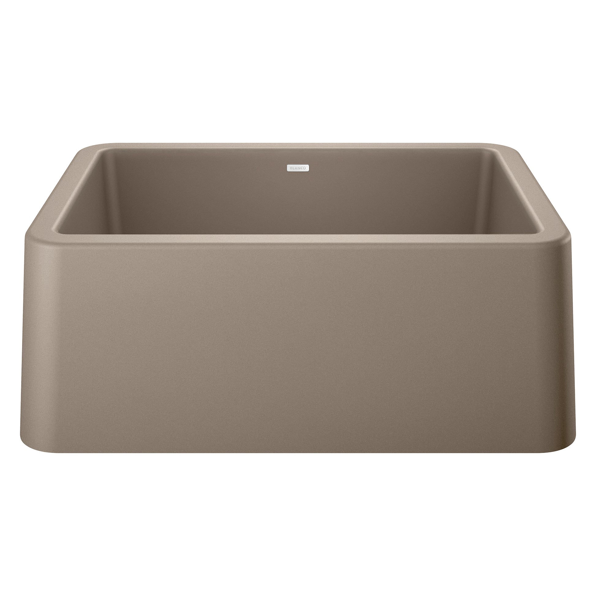 Truffle-colored single bowl farmhouse sink with apron front and rounded corners.