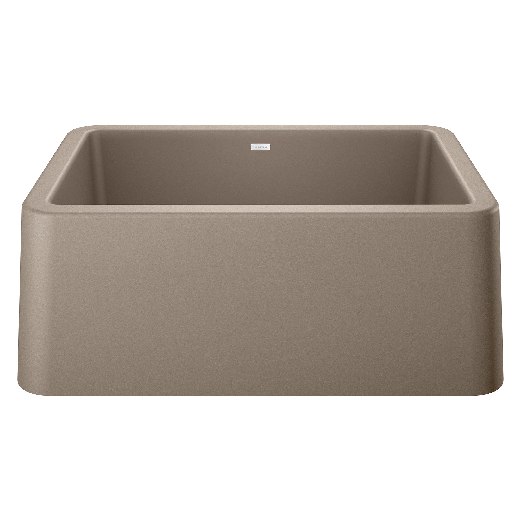 Truffle-colored single bowl farmhouse sink with apron front and rounded corners.