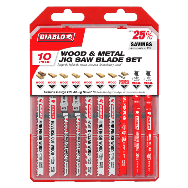 Red clamshell package containing 10 Diablo jig saw blades for wood and metal cutting with T-shank design.