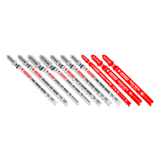 Ten Diablo jig saw blades arranged in a row, with gray and red blades featuring black text markings.