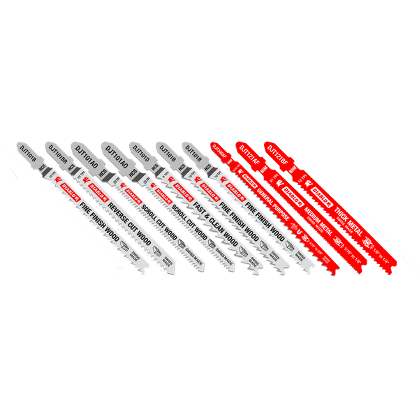 Ten Diablo jig saw blades arranged in a row, with gray and red blades featuring black text markings.