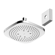 Square polished chrome shower head with multiple spray holes and wall-mounted bracket.