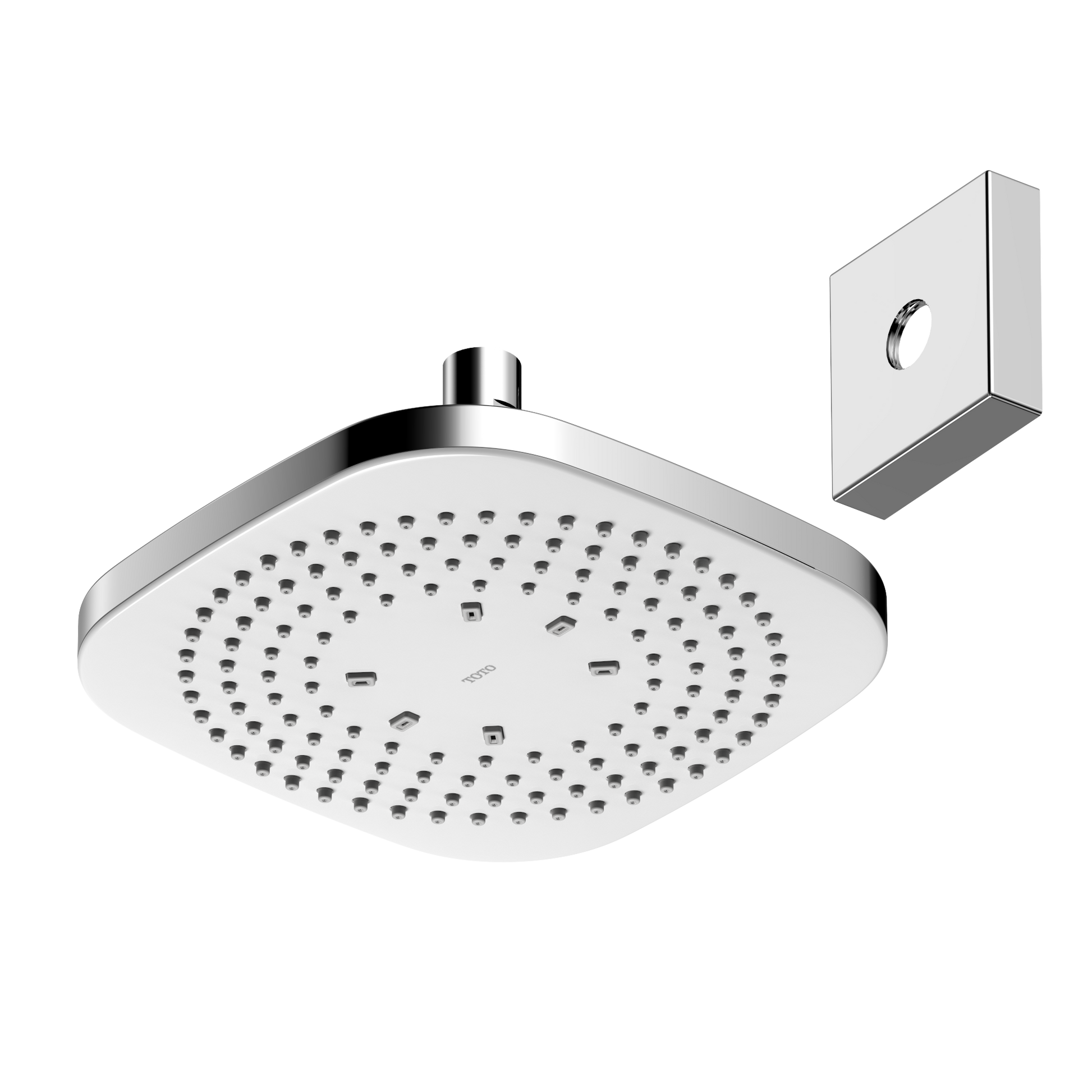 Polished chrome square shower head with multiple spray nozzles and wall-mounted bracket.