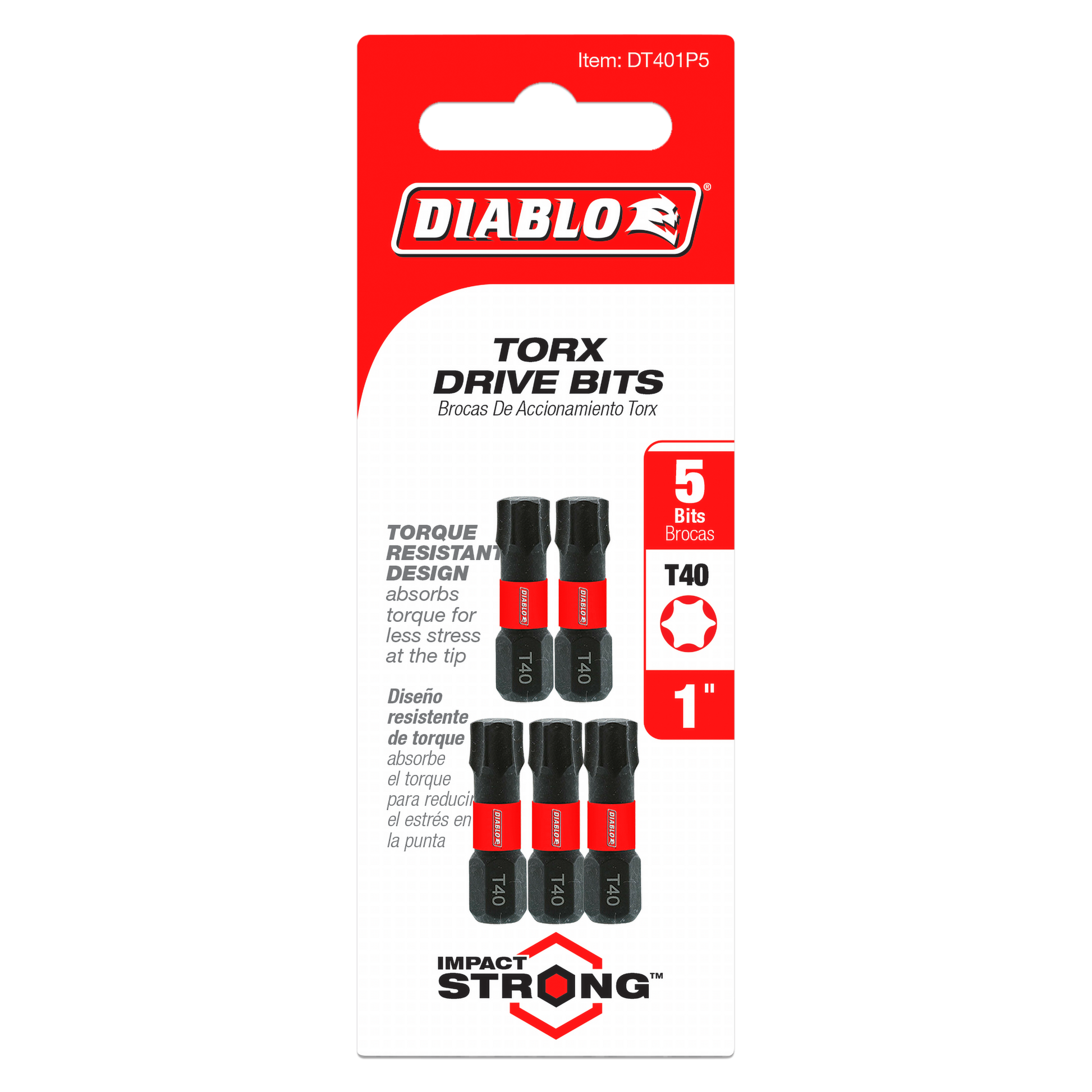 Five black and red Diablo T40 Torx drive bits, 1 inch length, displayed on red and white packaging.