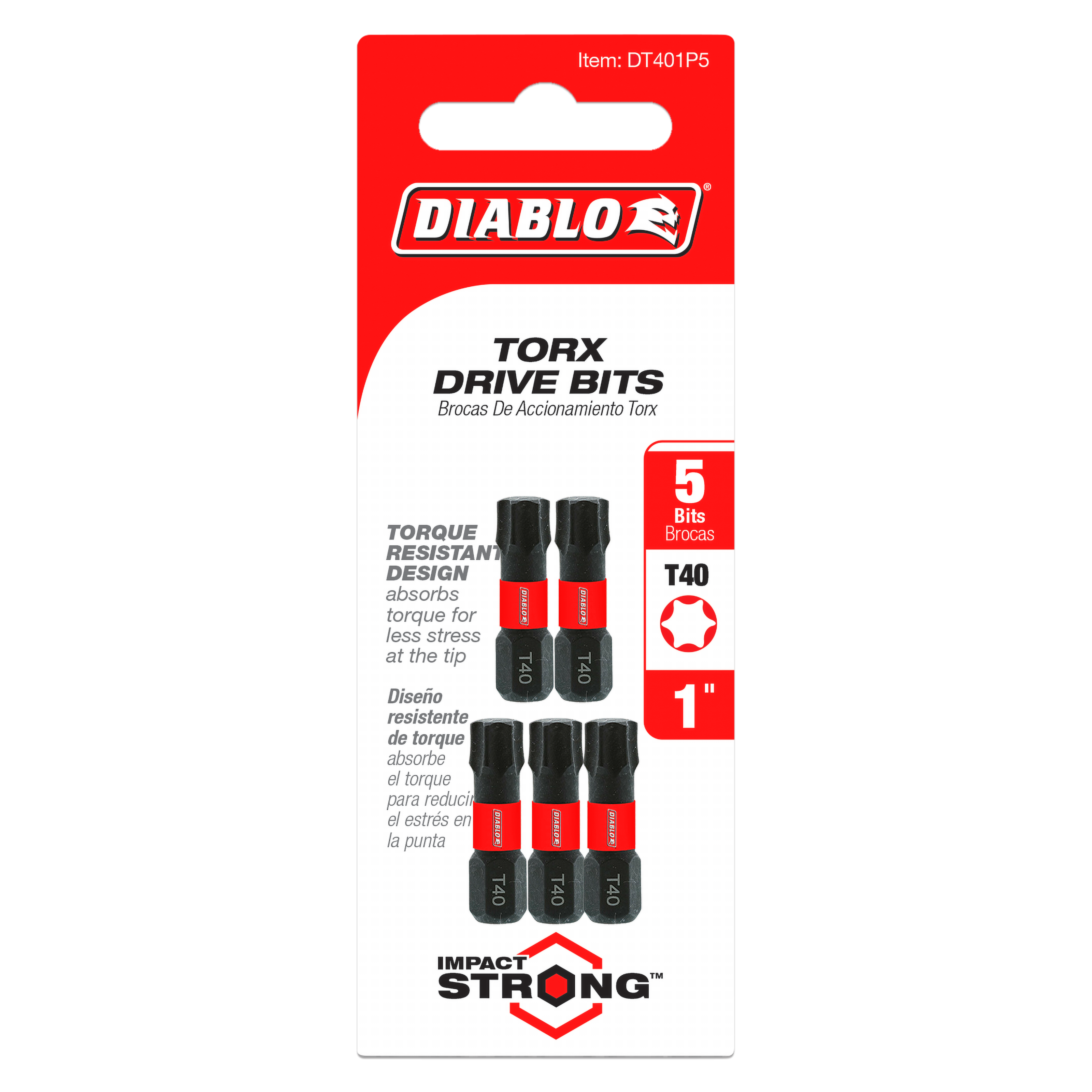 Five black and red Diablo T40 Torx drive bits, 1 inch length, displayed on red and white packaging.