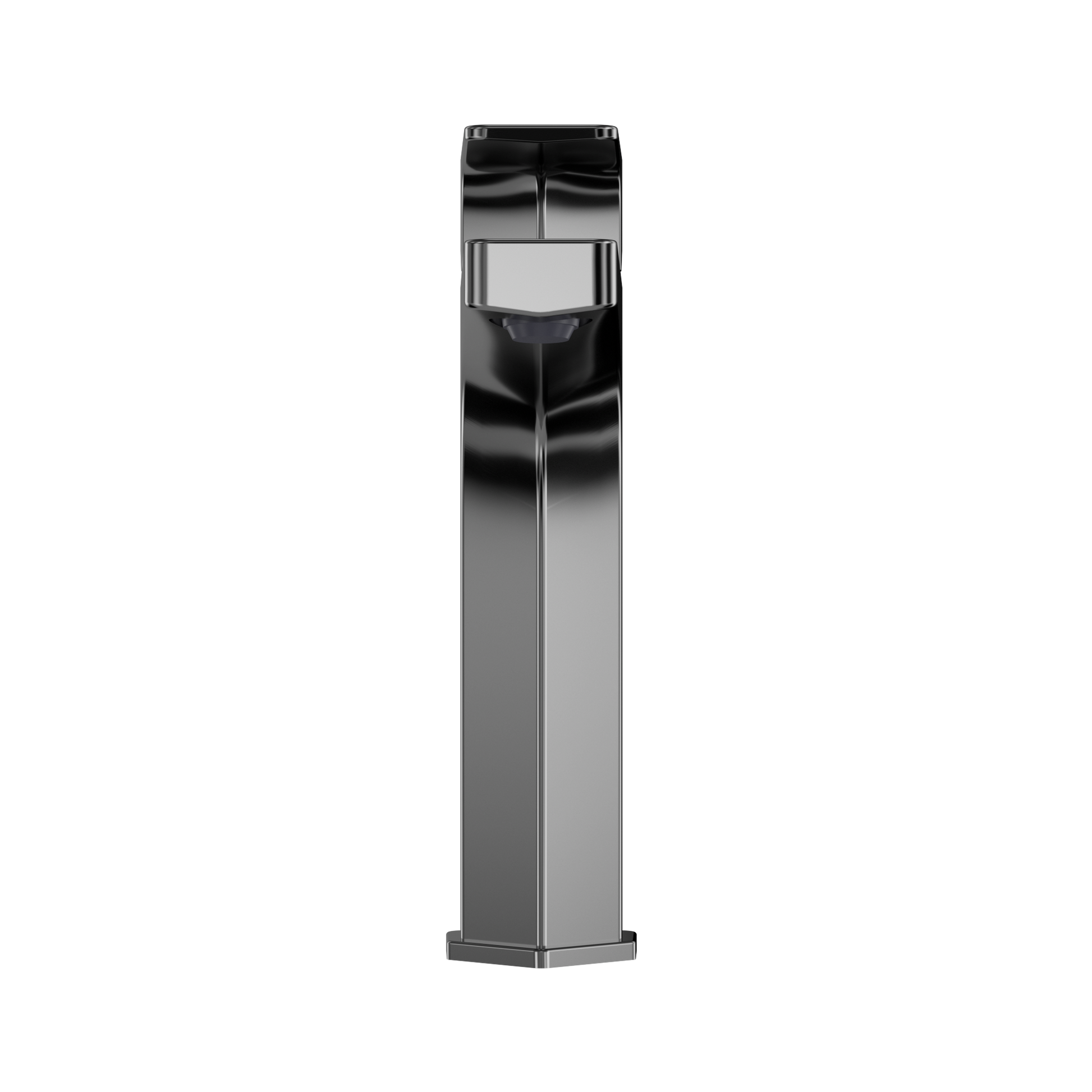Polished chrome single-handle semi-vessel bathroom sink faucet with tall rectangular spout and black accent trim.
