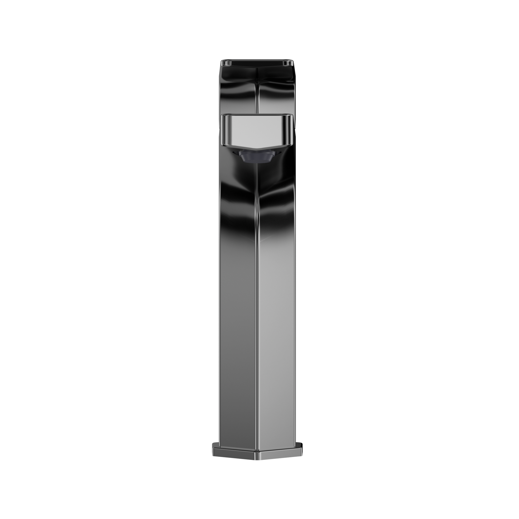 Polished chrome single-handle semi-vessel bathroom sink faucet with tall rectangular spout and black accent trim.