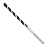 Black and silver twisted hammer drill bit with carbide tip and hexagonal shank.