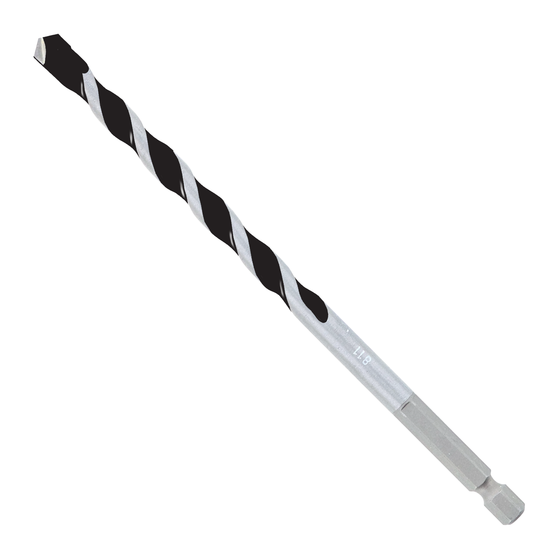 Black and silver twisted hammer drill bit with carbide tip and hexagonal shank.