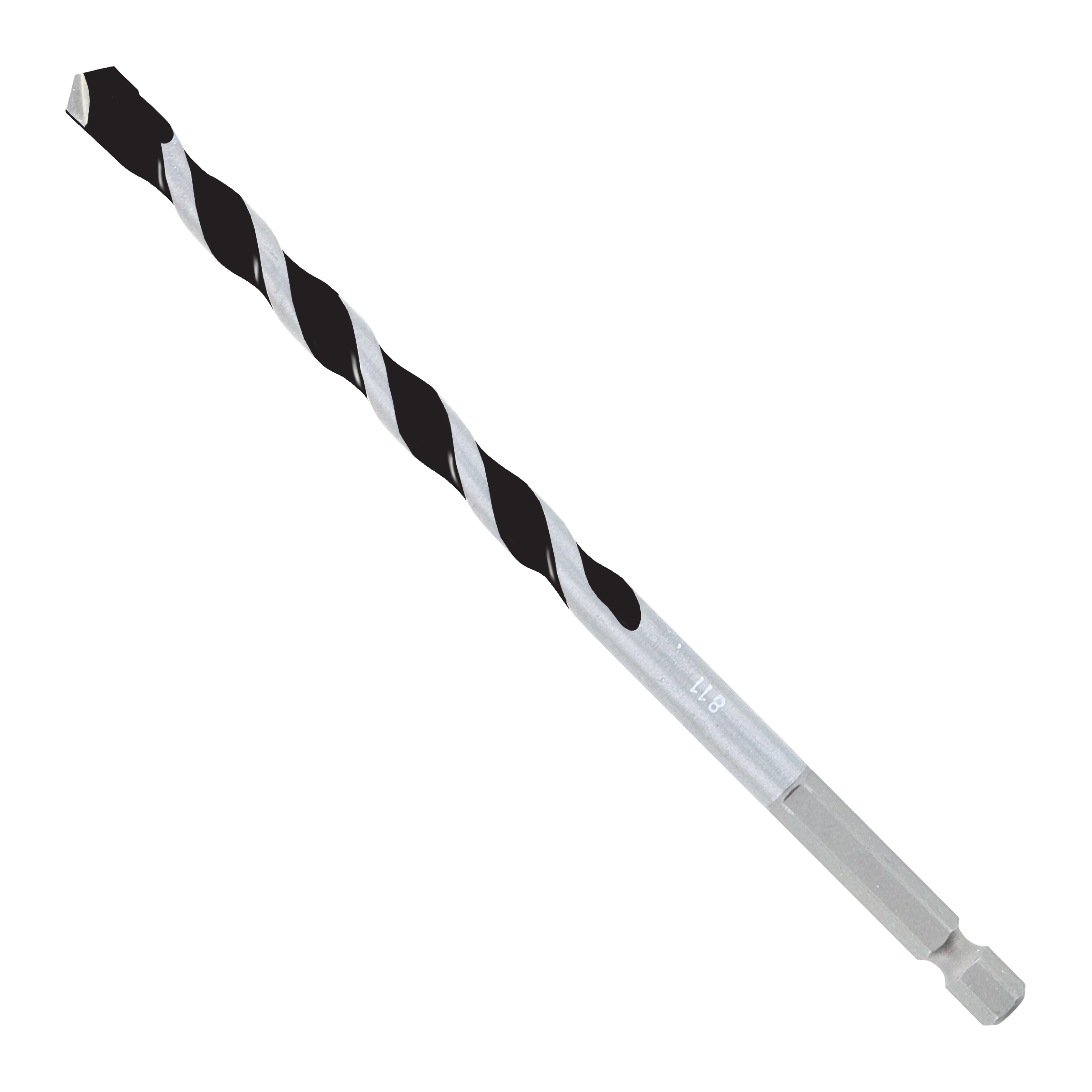Black and silver twisted hammer drill bit with carbide tip and hexagonal shank.