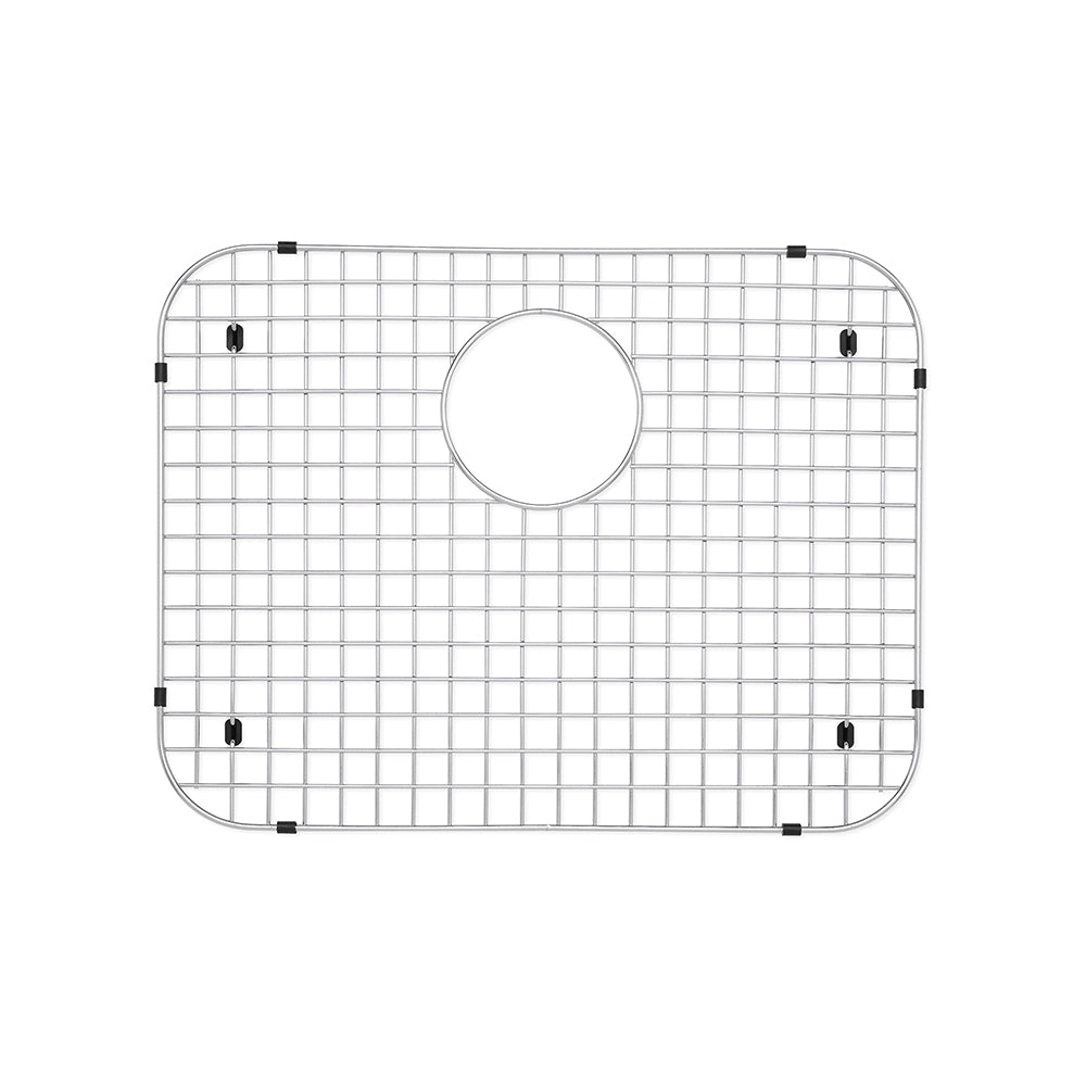 Stainless steel sink grid with square mesh pattern, circular drain opening, and black rubber feet for stabilization.