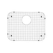 Stainless steel sink grid with square mesh pattern, circular drain opening, and black rubber feet for stabilization.