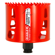 Red carbide-tipped holesaw with serrated edge and black arbor shaft labeled "Diablo" for wood and metal cutting.