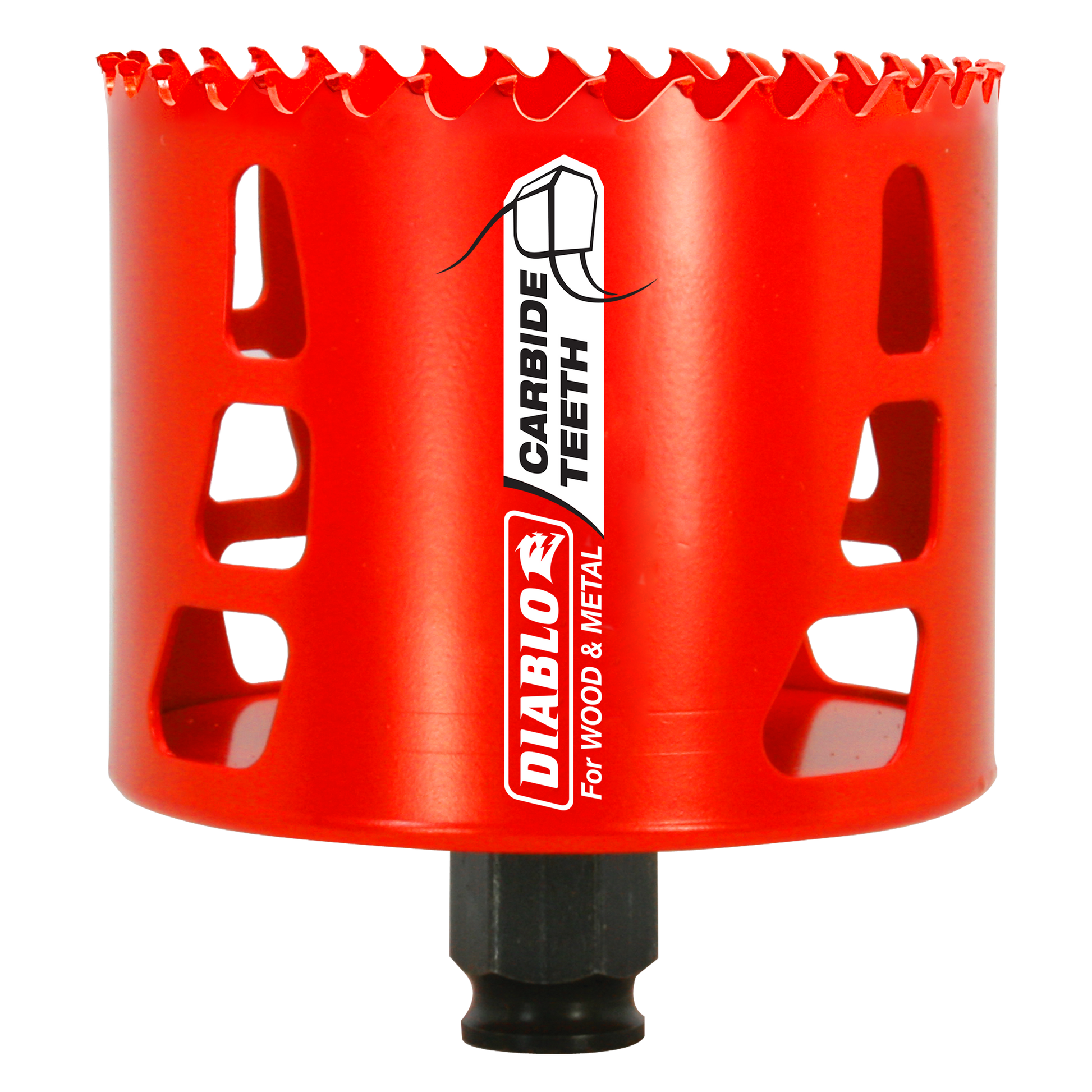 Red carbide-tipped holesaw with serrated edge and black arbor shaft labeled "Diablo" for wood and metal cutting.