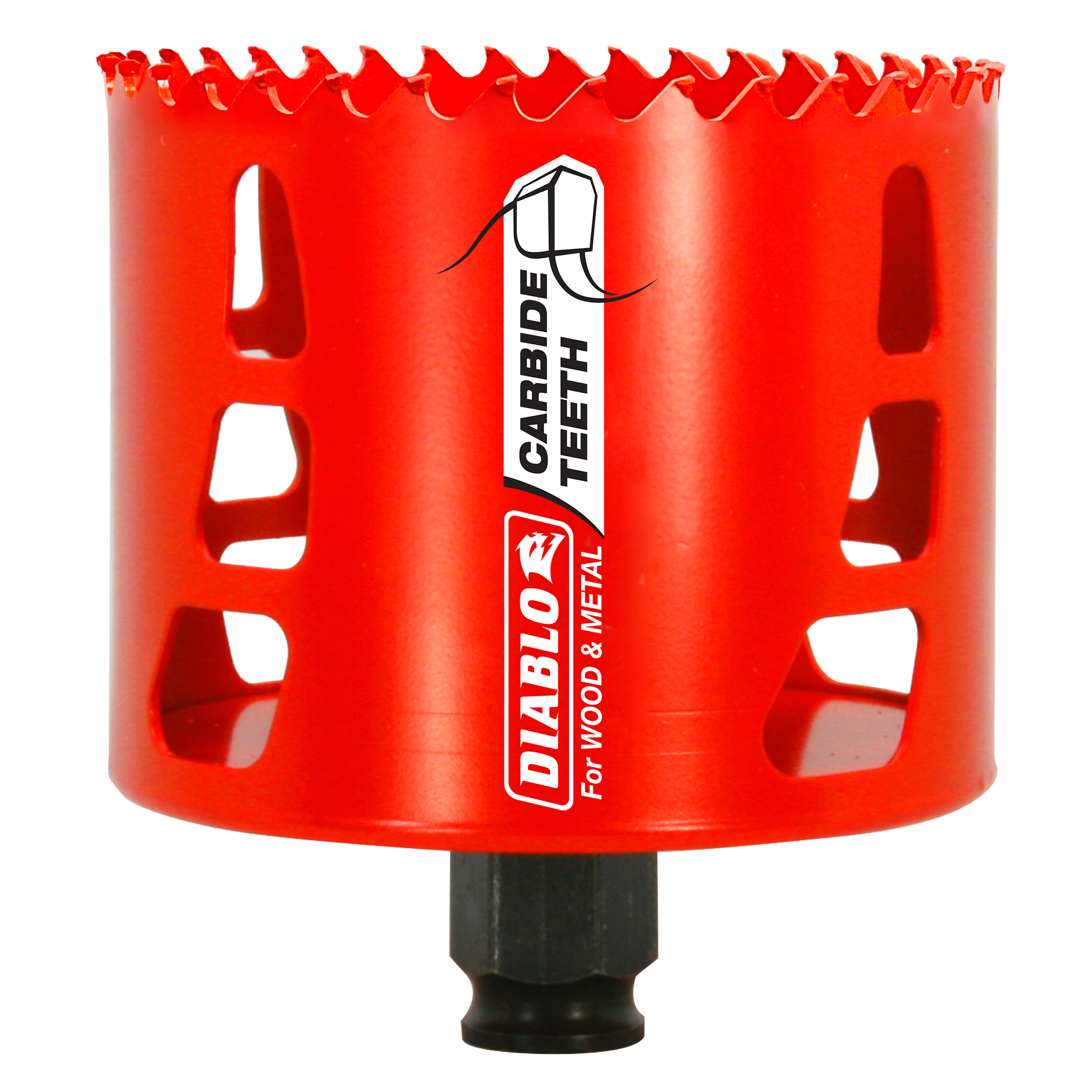 Red carbide-tipped holesaw with serrated edge and black arbor shaft labeled "Diablo" for wood and metal cutting.