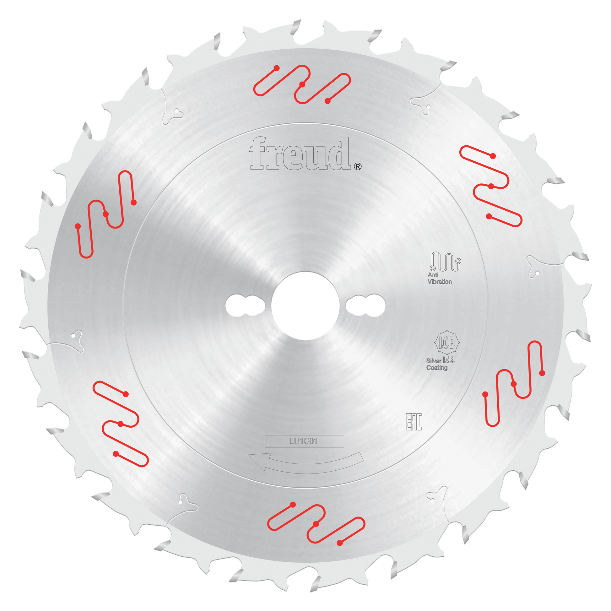 Freud 250mm carbide-tipped circular saw blade with silver finish and red markings around the perimeter.