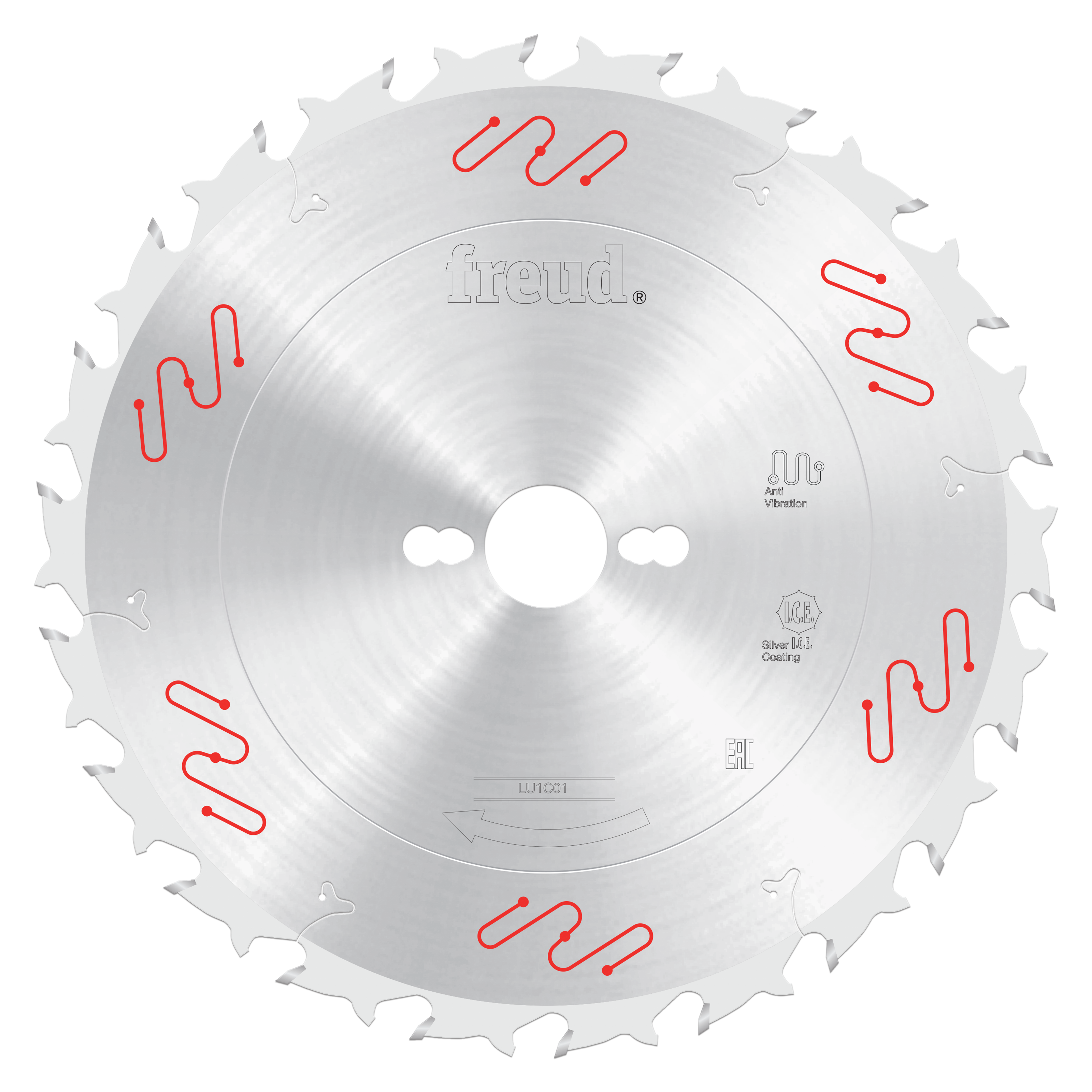 Freud 250mm carbide-tipped circular saw blade with silver finish and red markings around the perimeter.