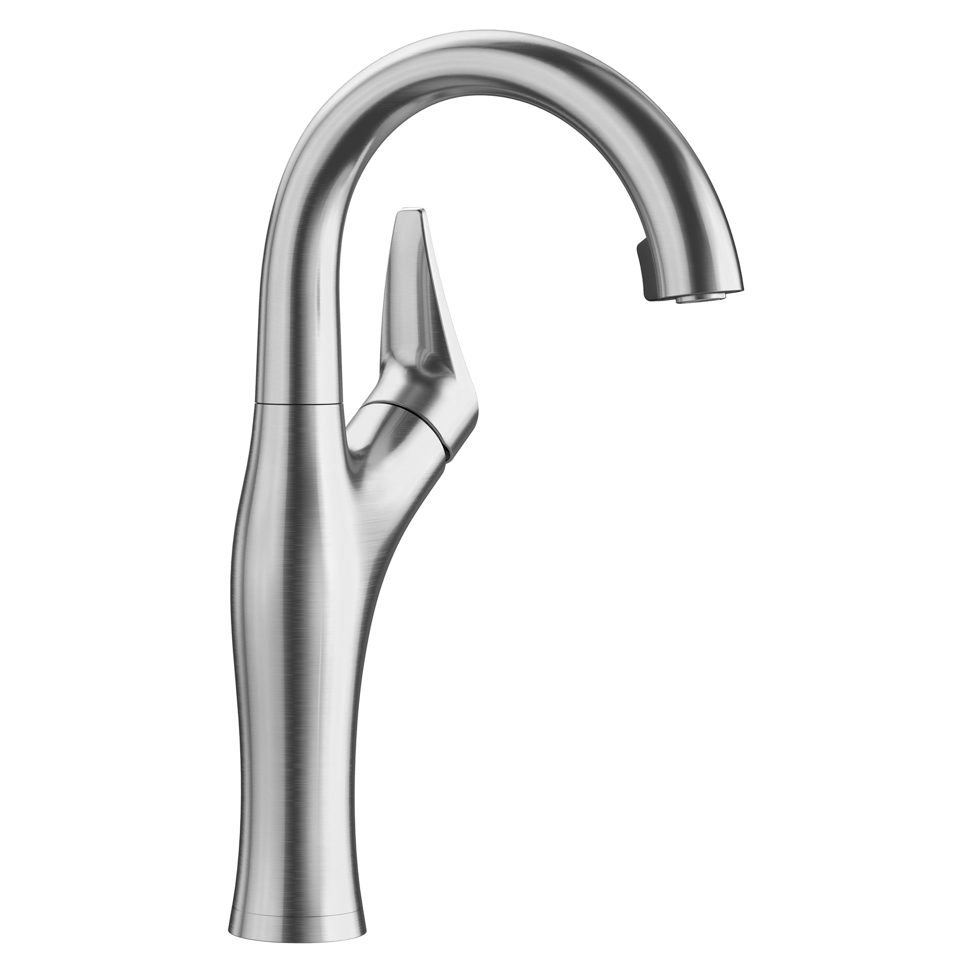 Tall stainless steel bar faucet with curved spout, single lever handle, and brushed finish.