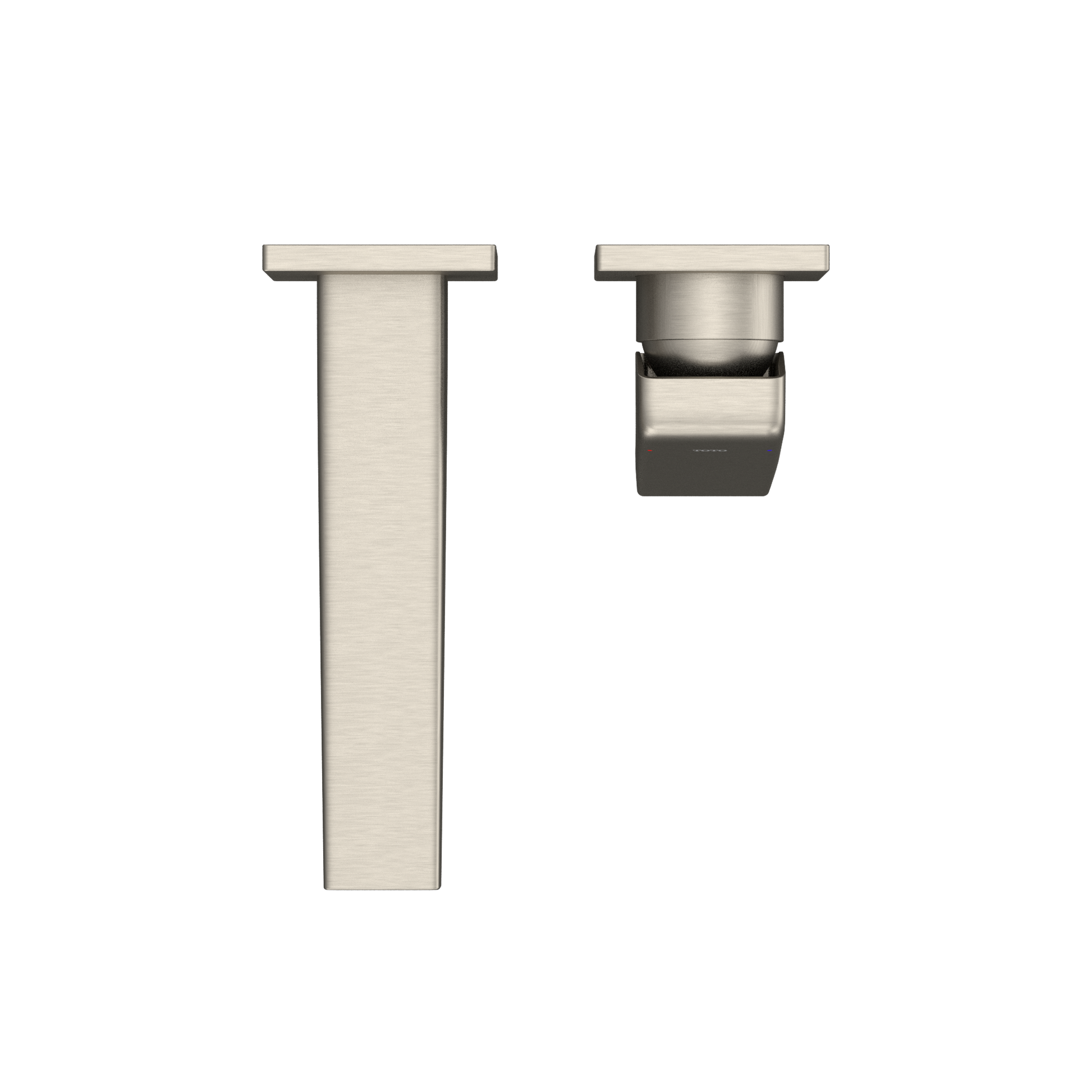 Brushed nickel wall-mount bathroom faucet with single handle and spout shown from front and side angles.