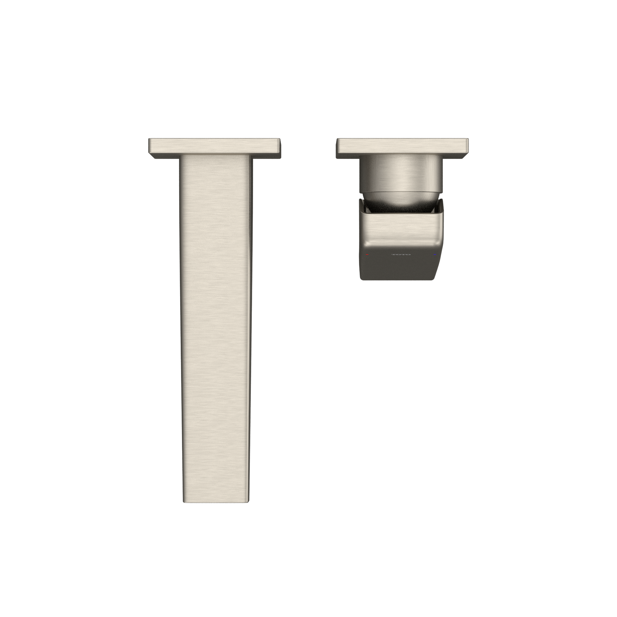 Brushed nickel wall-mount bathroom faucet with single handle and spout shown from front and side angles.