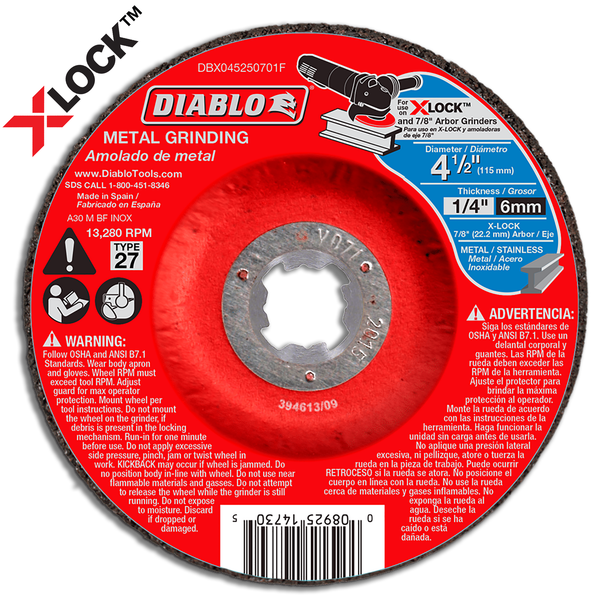 Diablo 4-1/2 inch Type 27 metal grinding disc with gray abrasive surface and red backing label.