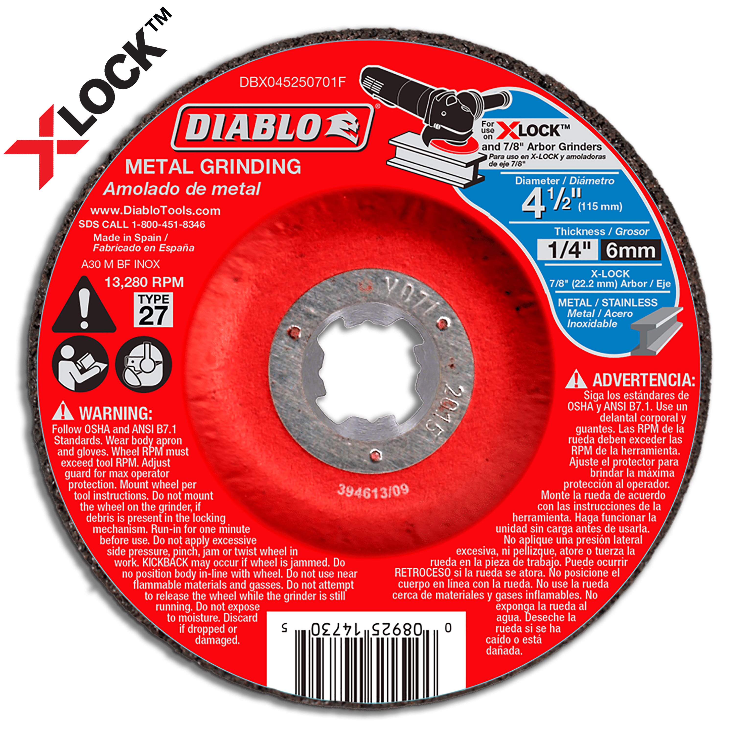 Diablo 4-1/2 inch Type 27 metal grinding disc with gray abrasive surface and red backing label.