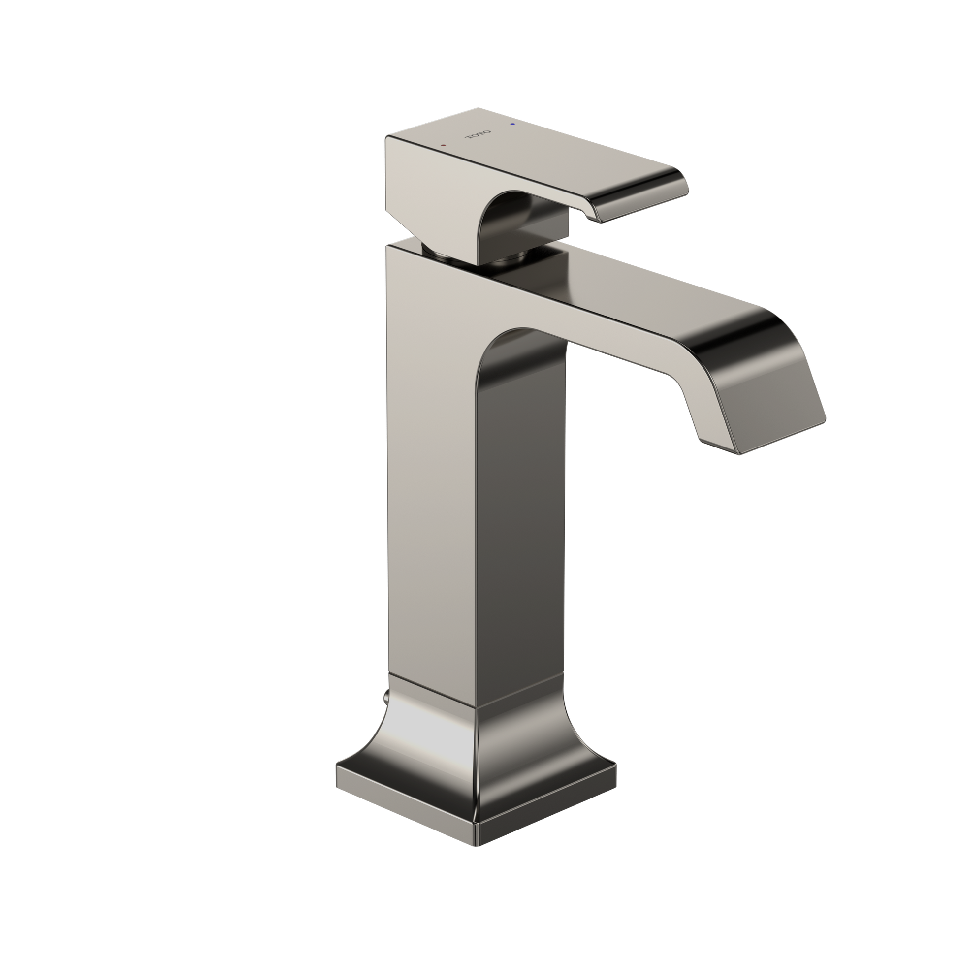 Polished nickel single-handle bathroom sink faucet with rectangular spout and tall squared base.