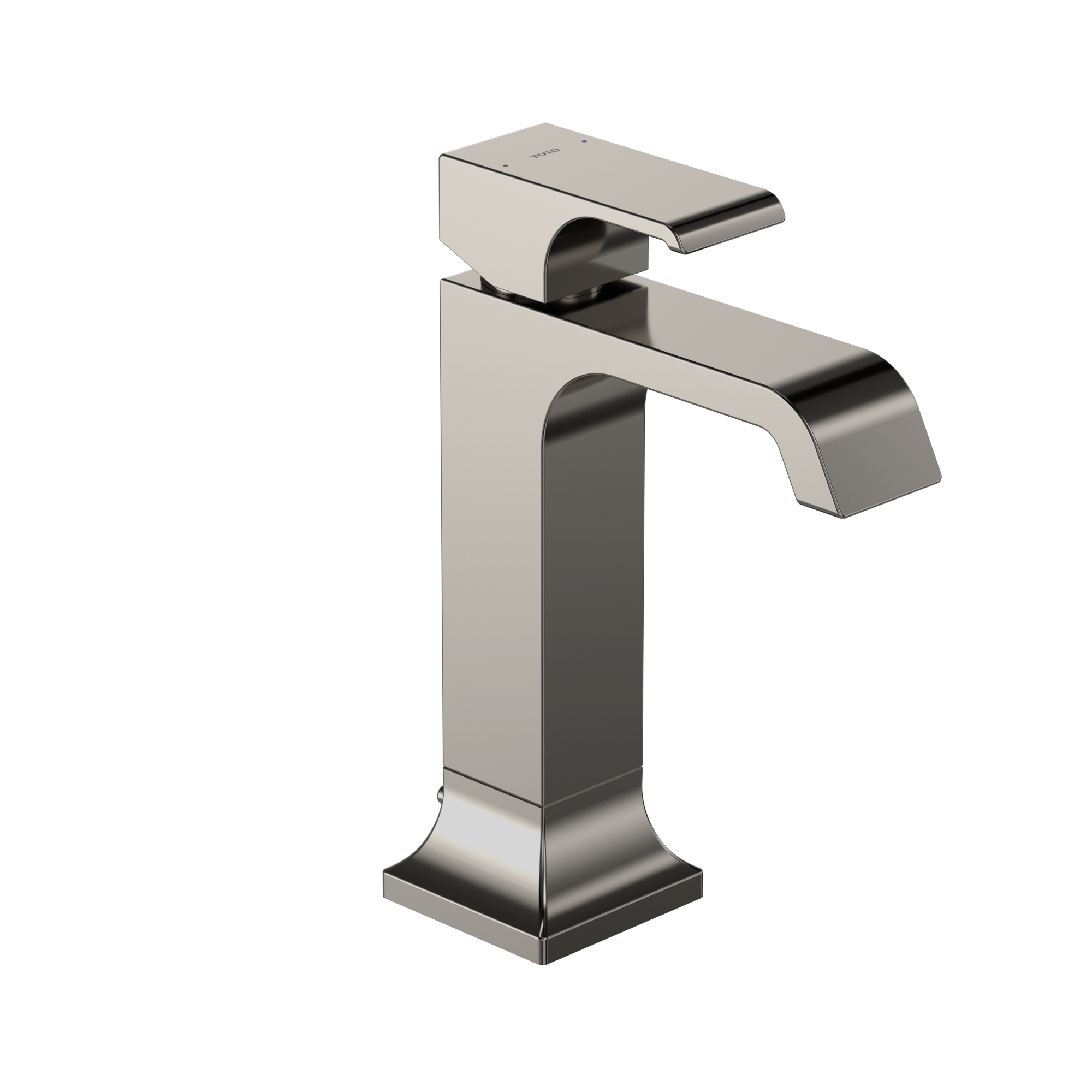 Polished nickel single-handle bathroom sink faucet with rectangular spout and tall squared base.