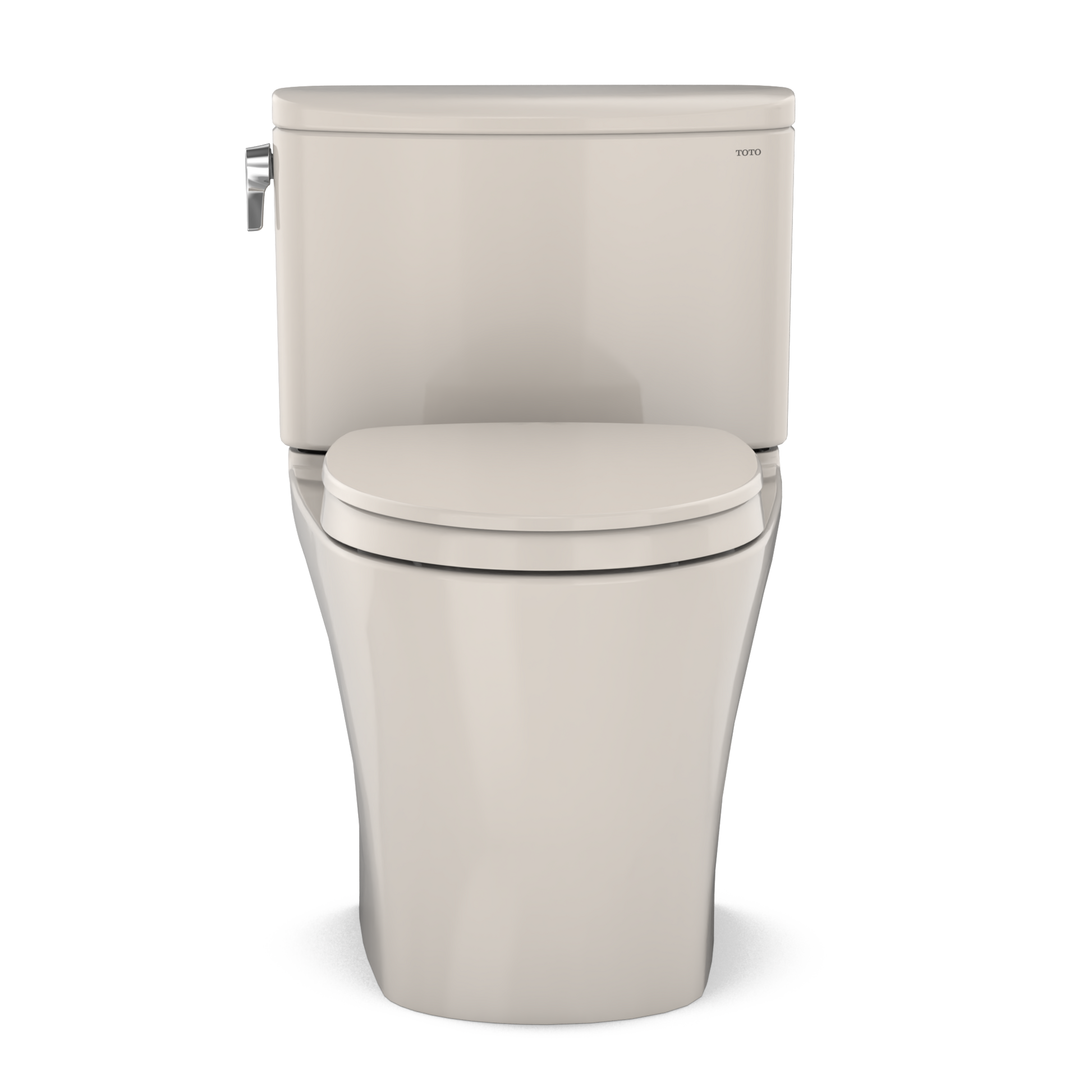 Sedona beige two-piece elongated toilet with soft-close seat and chrome bidet sprayer attachment on tank.