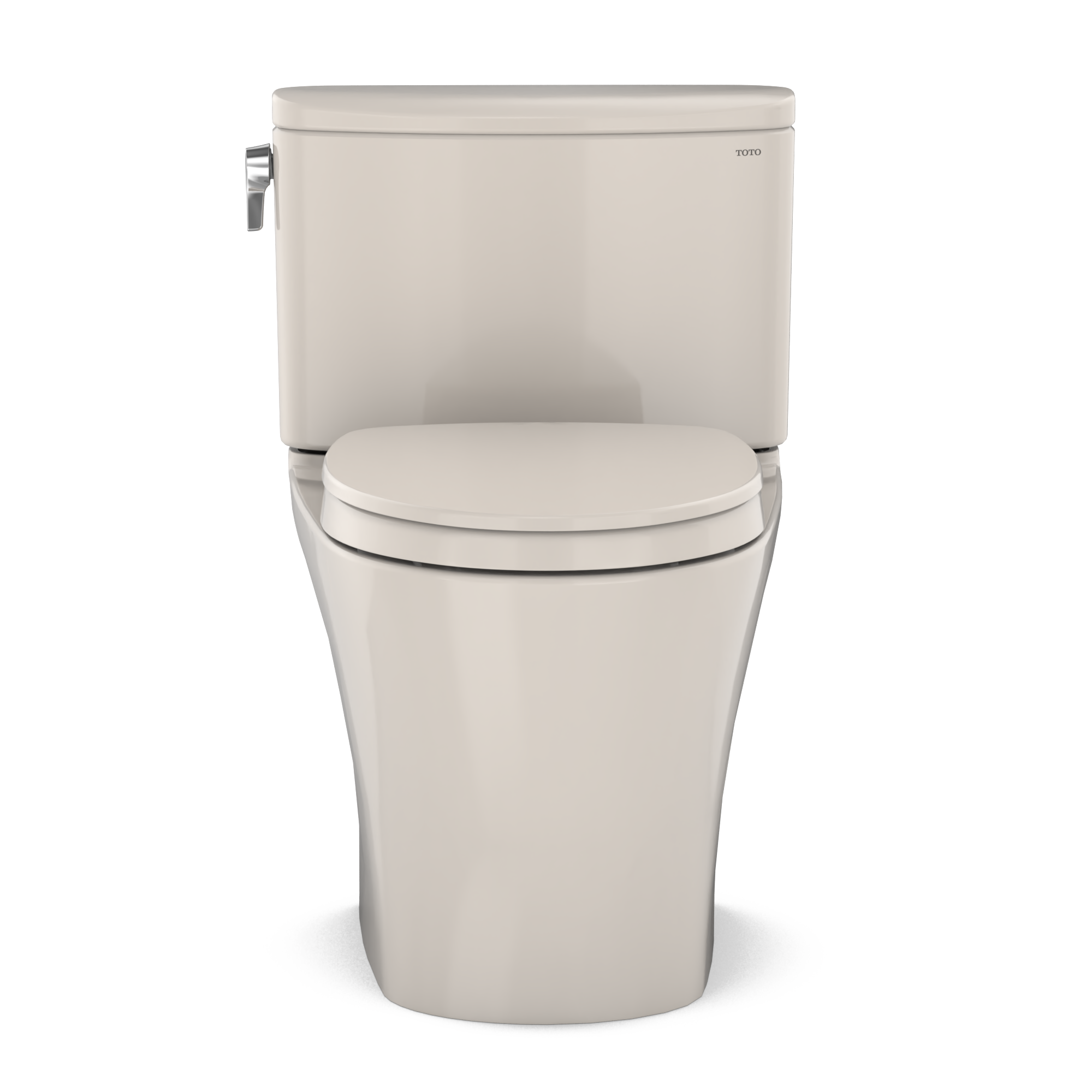 Sedona beige two-piece elongated toilet with soft-close seat and chrome bidet sprayer attachment on tank.