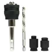 Metal mandrel system with black knurled chuck, twist drill bit, and two black threaded adapter sleeves.