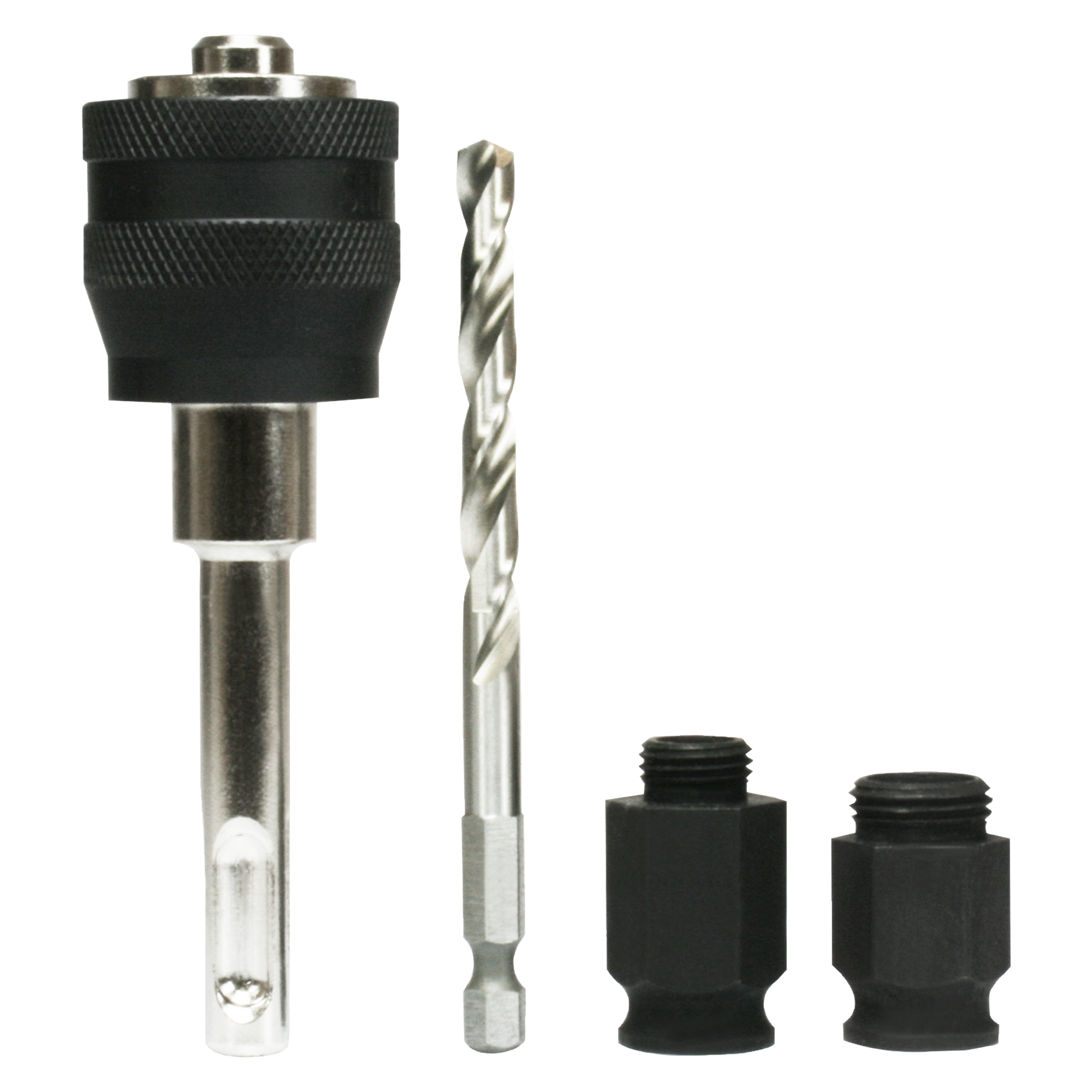 Metal mandrel system with black knurled chuck, twist drill bit, and two black threaded adapter sleeves.