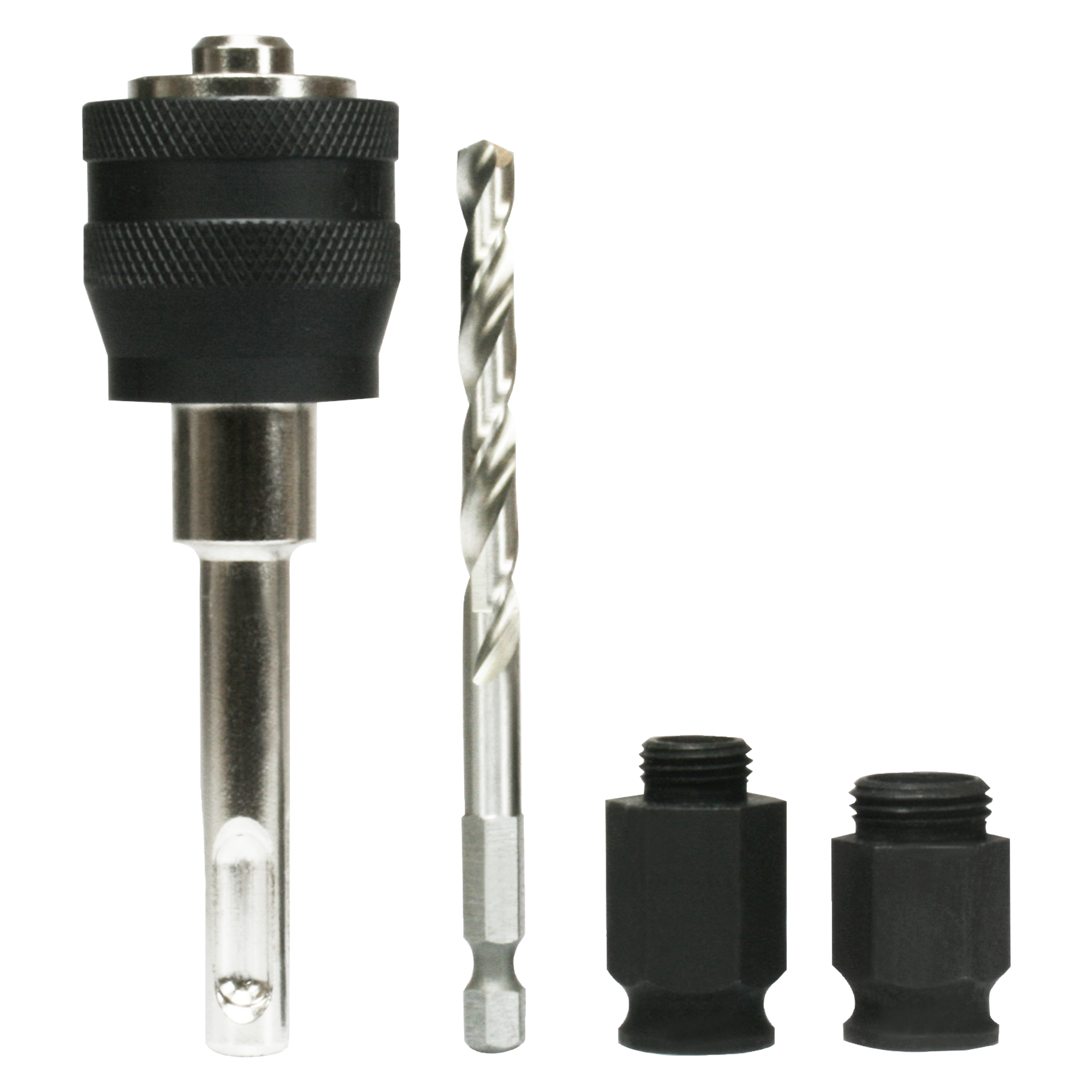 Metal mandrel system with black knurled chuck, twist drill bit, and two black threaded adapter sleeves.