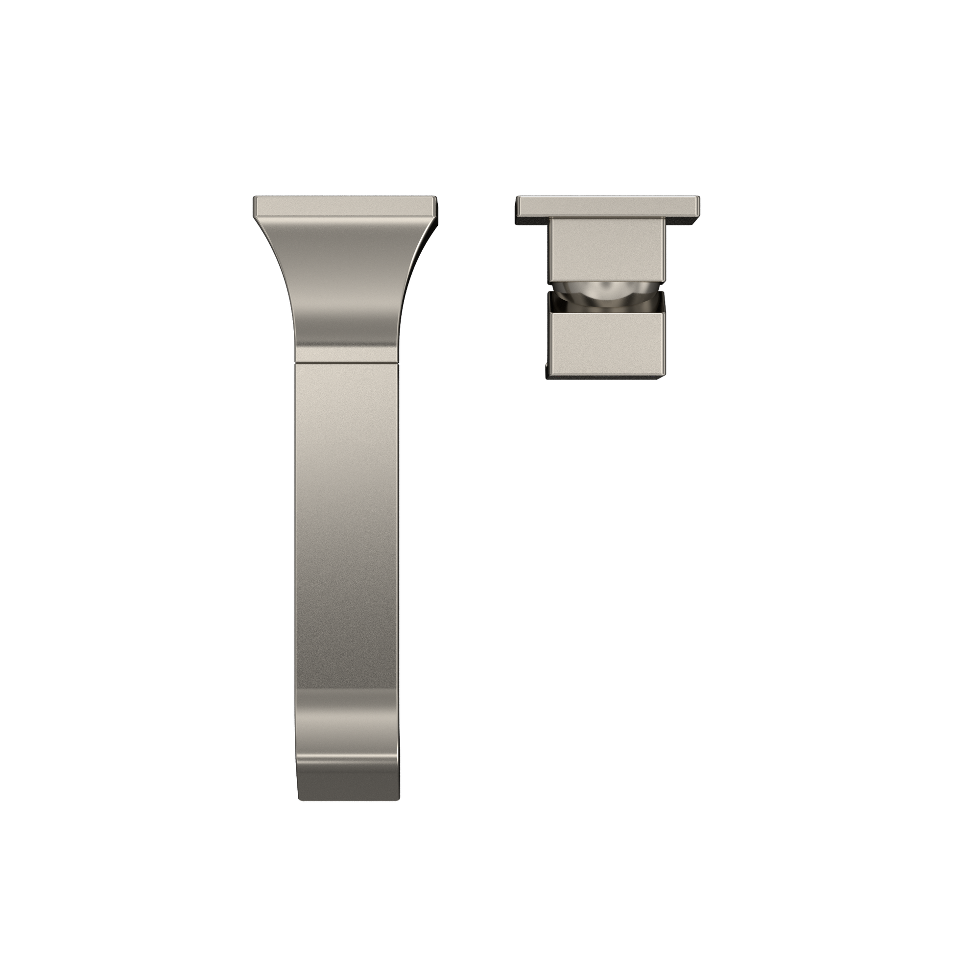 Polished nickel wall-mount bathroom faucet with single handle and long spout shown in front and top views.