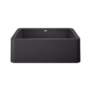 Anthracite rectangular apron front kitchen sink with rounded corners and single basin.