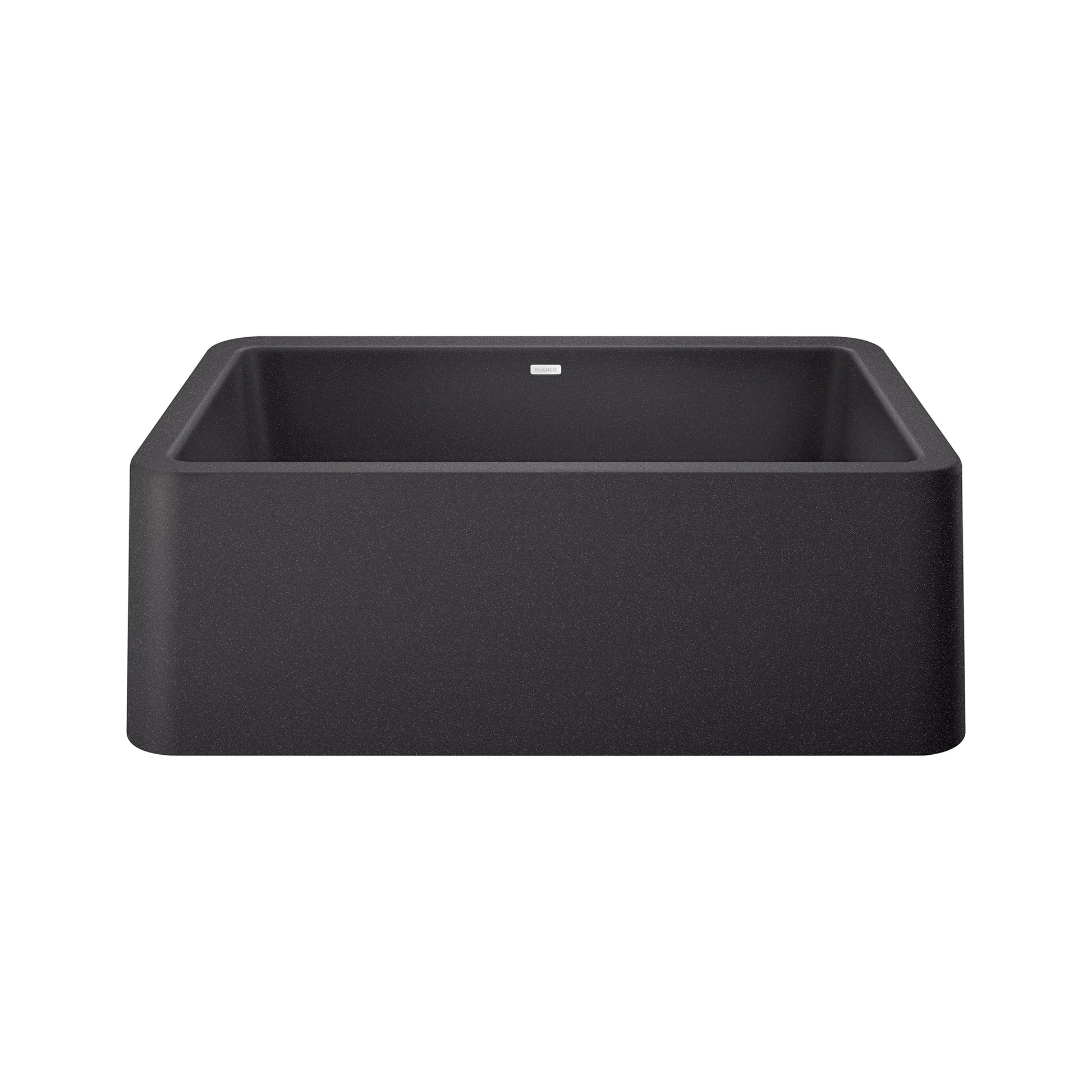 Anthracite rectangular apron front kitchen sink with rounded corners and single basin.