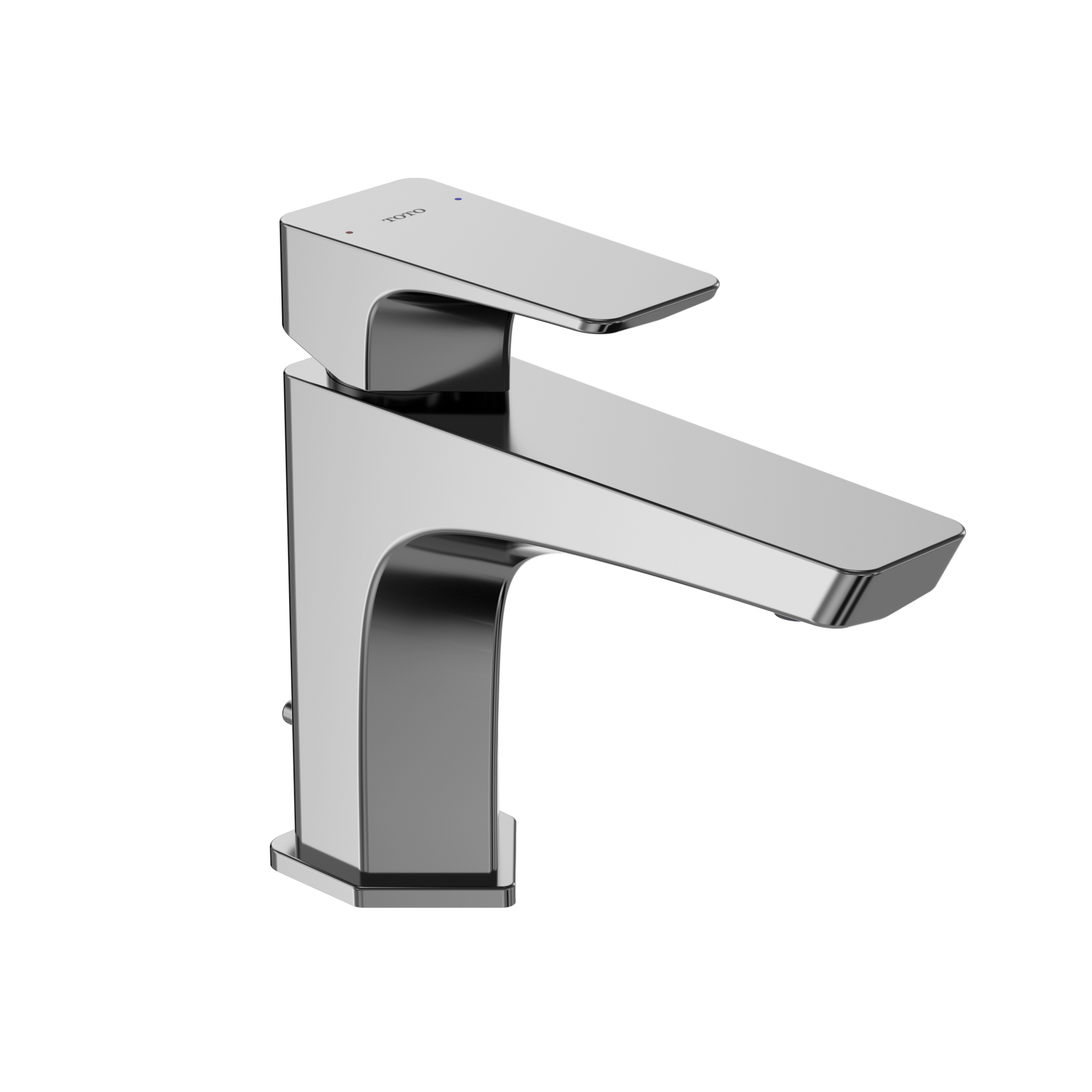 Polished chrome single-handle bathroom sink faucet with rectangular spout and curved base.