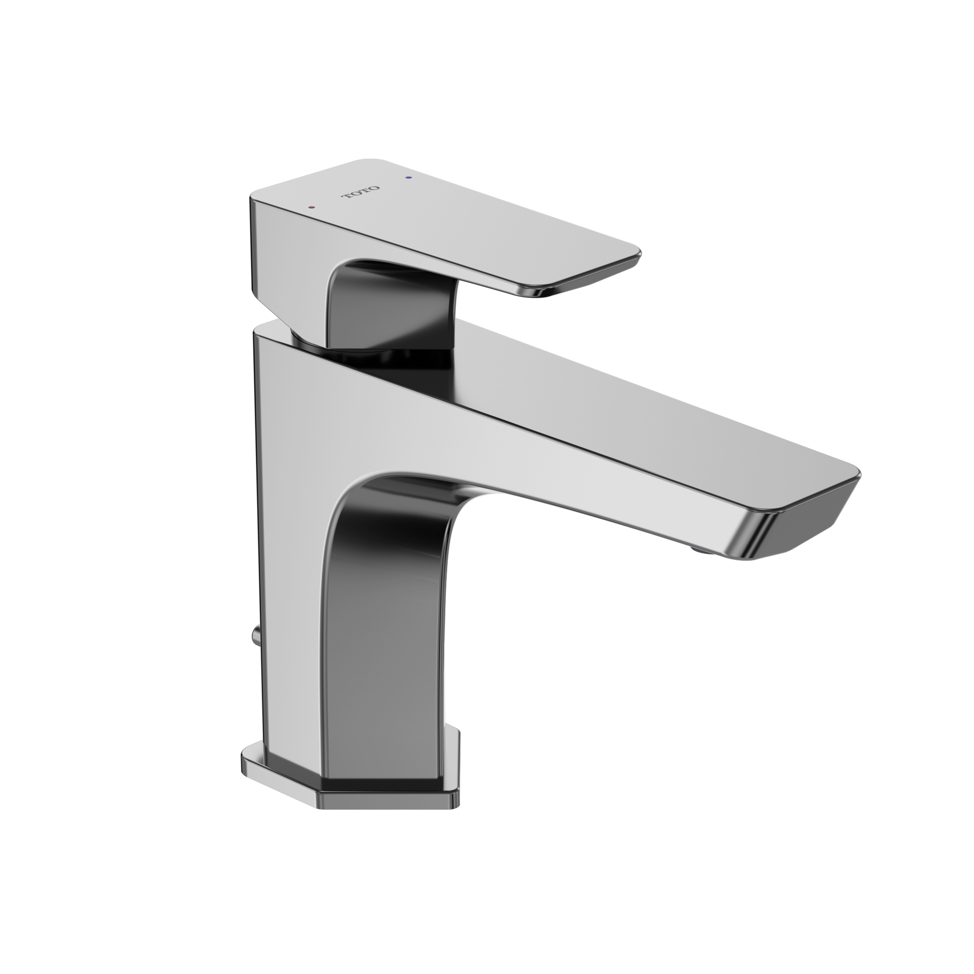 Polished chrome single-handle bathroom sink faucet with rectangular spout and curved base.