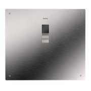 Polished chrome rectangular flush valve panel with TOTO branding and black sensor opening in center.