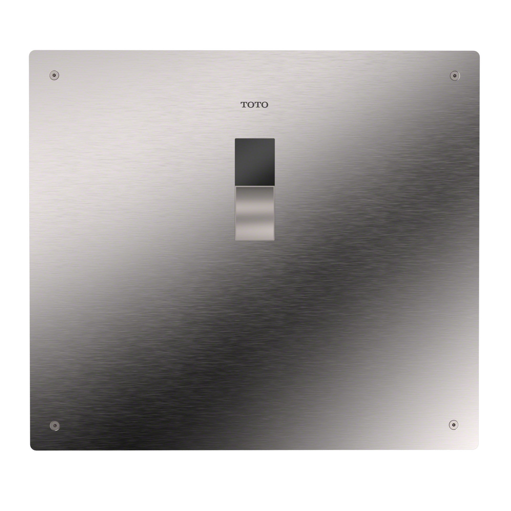 Polished chrome rectangular flush valve panel with TOTO branding and black sensor opening in center.