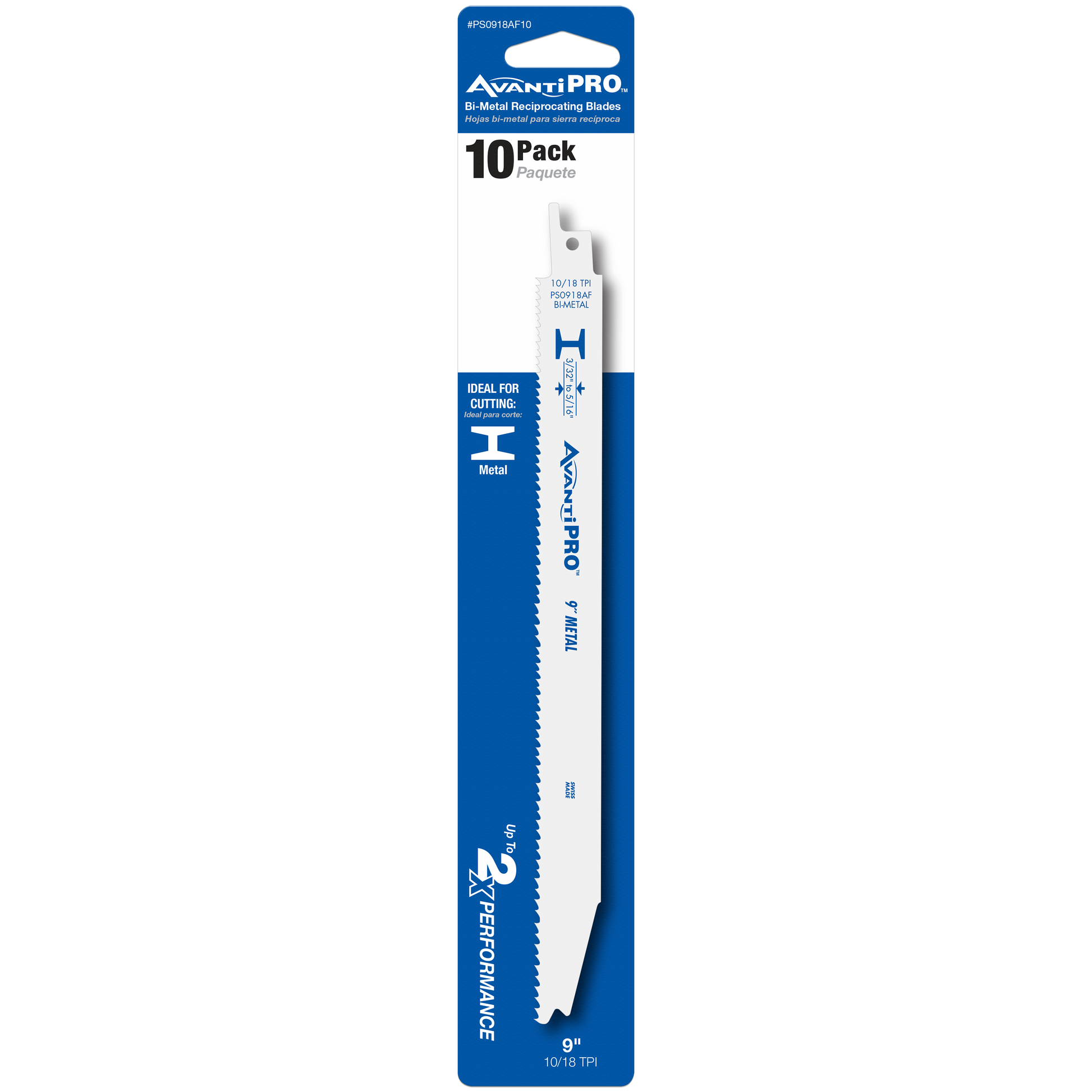 AvantiPro 9-inch bi-metal reciprocating saw blade in 10-pack with white and blue packaging, labeled for metal cutting.