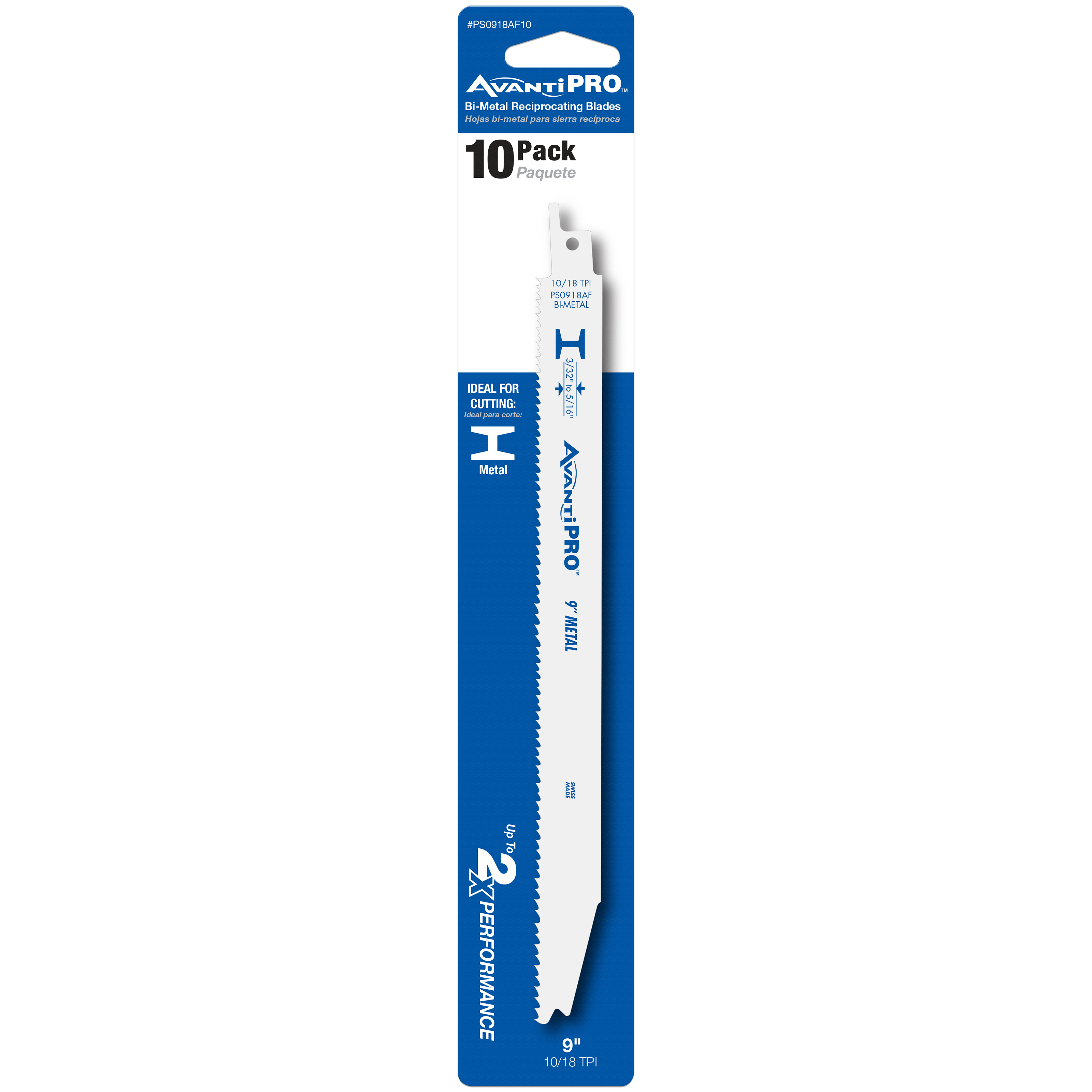 AvantiPro 9-inch bi-metal reciprocating saw blade in 10-pack with white and blue packaging, labeled for metal cutting.