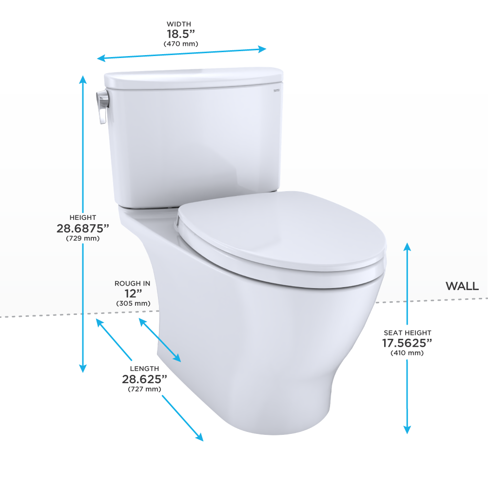 White two-piece elongated toilet with soft-close seat and dimensions labeled: 28.625" length, 18.5" width, 28.6875" height, 1