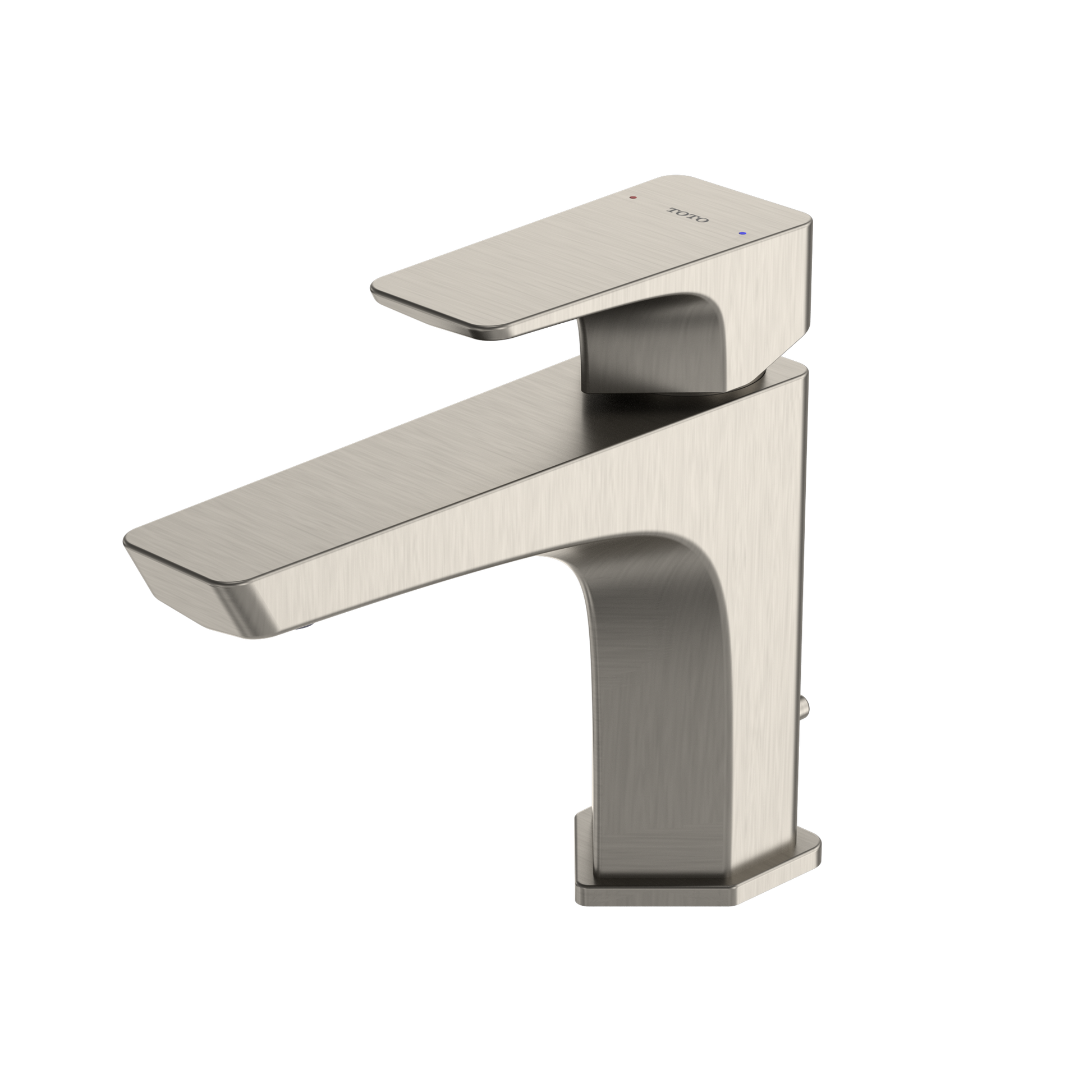 Brushed nickel single-handle bathroom sink faucet with curved spout and rectangular lever handle.